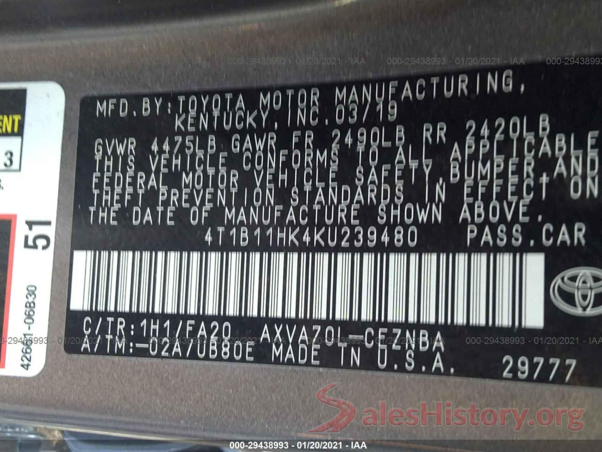 4T1B11HK4KU239480 2019 TOYOTA CAMRY