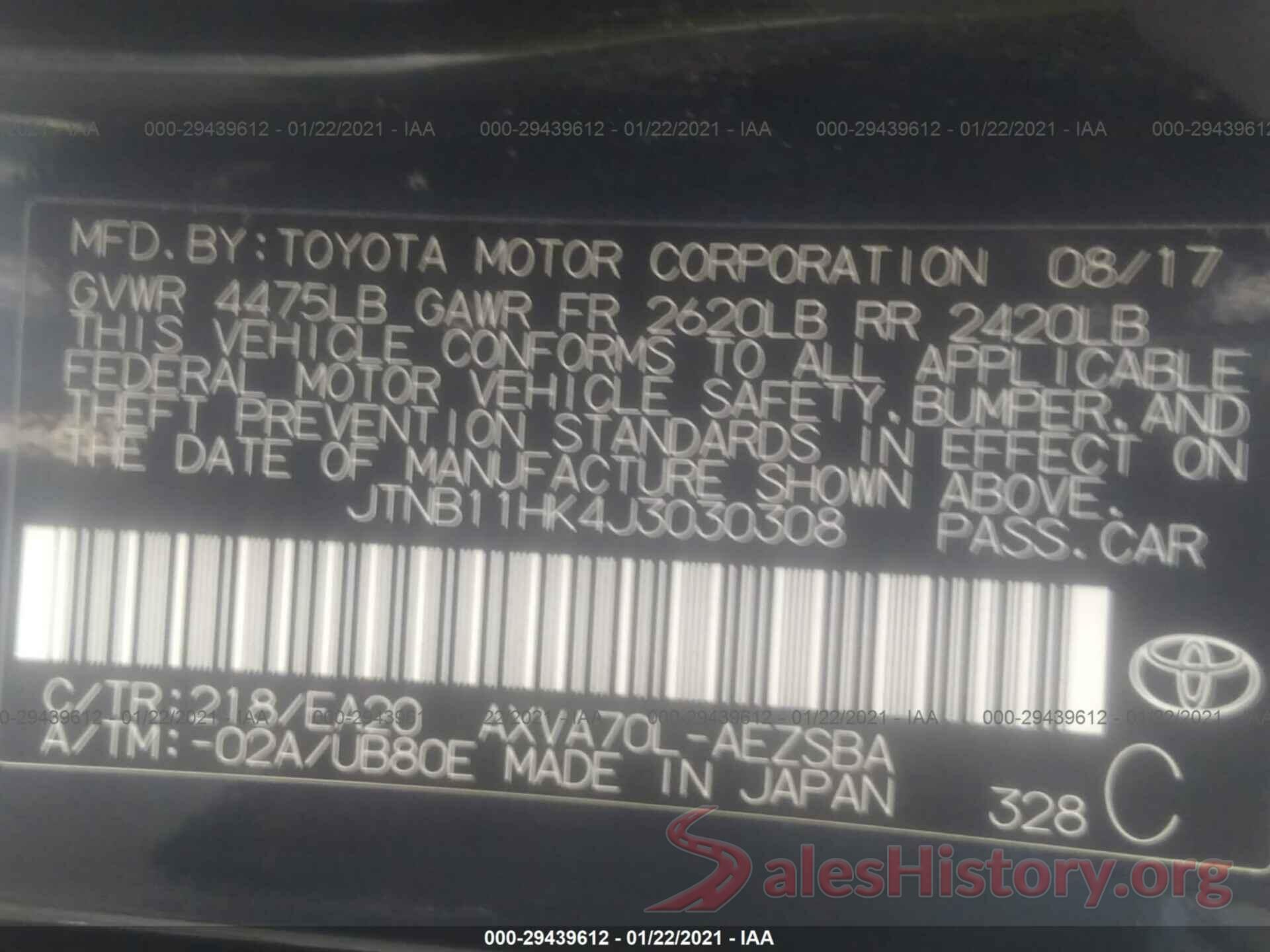 JTNB11HK4J3030308 2018 TOYOTA CAMRY