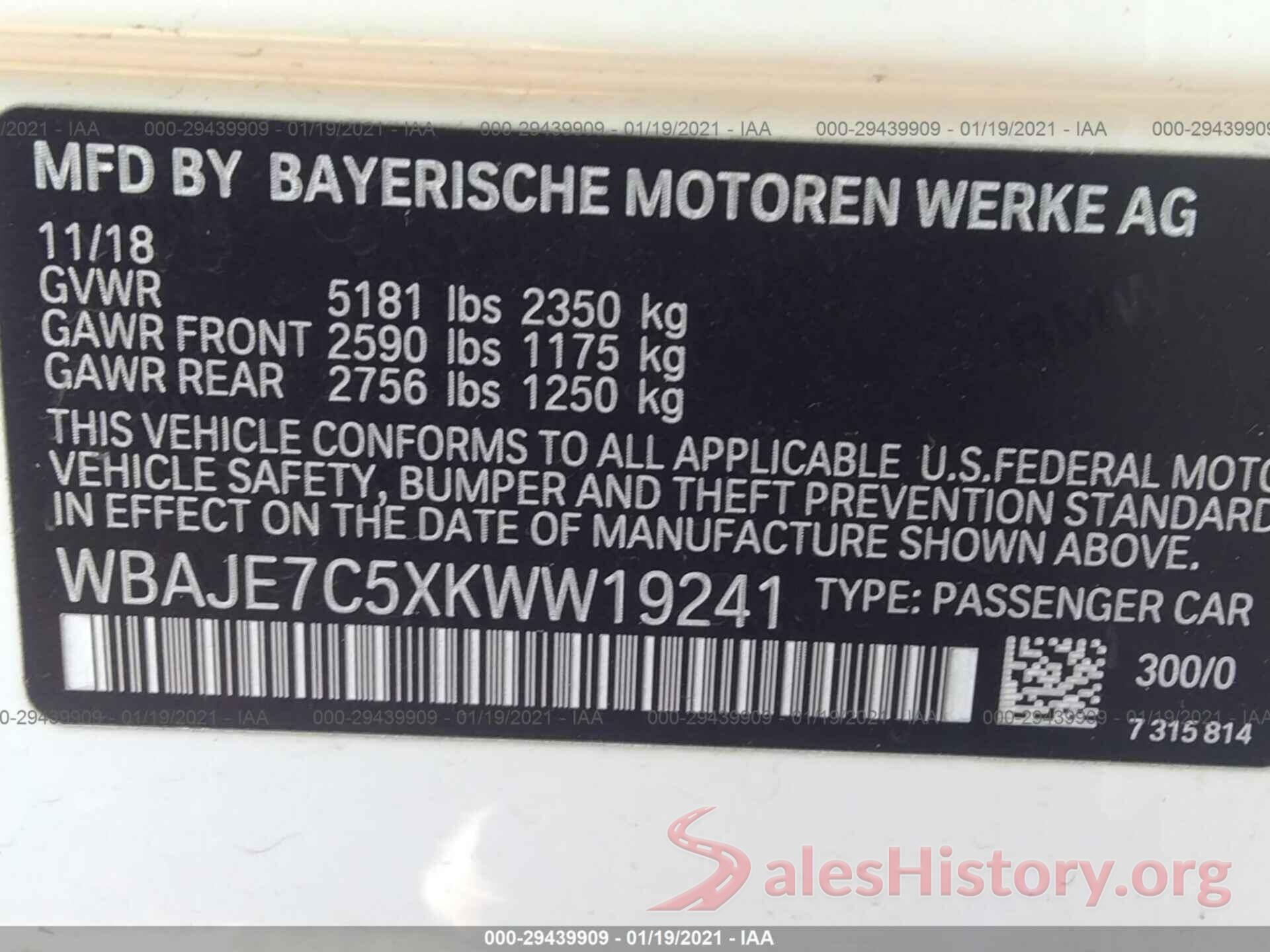 WBAJE7C5XKWW19241 2019 BMW 5 SERIES