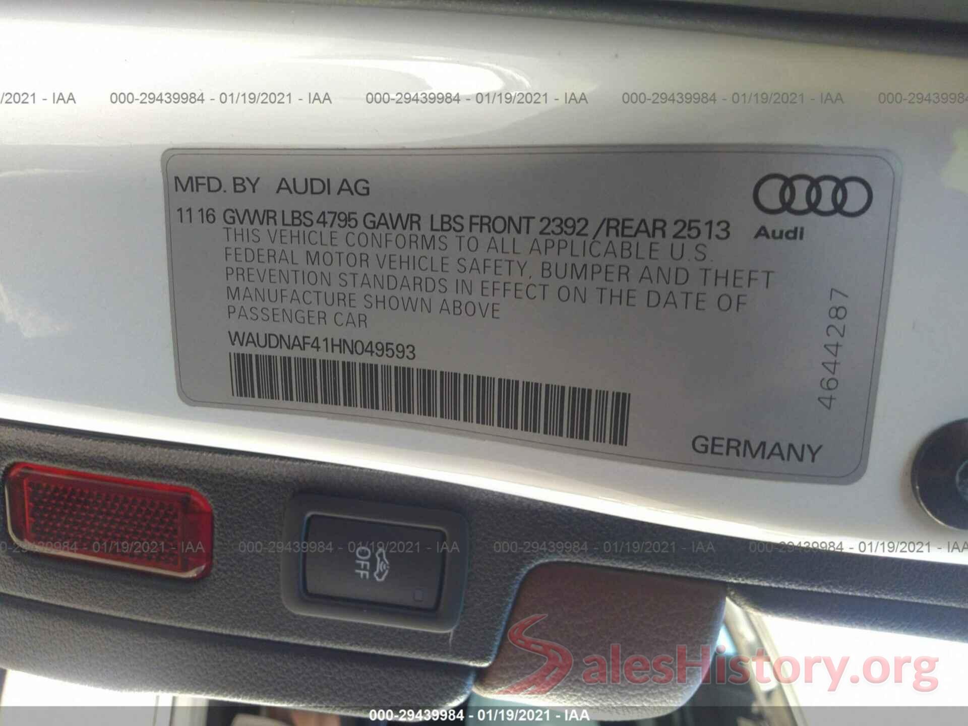 WAUDNAF41HN049593 2017 AUDI A4