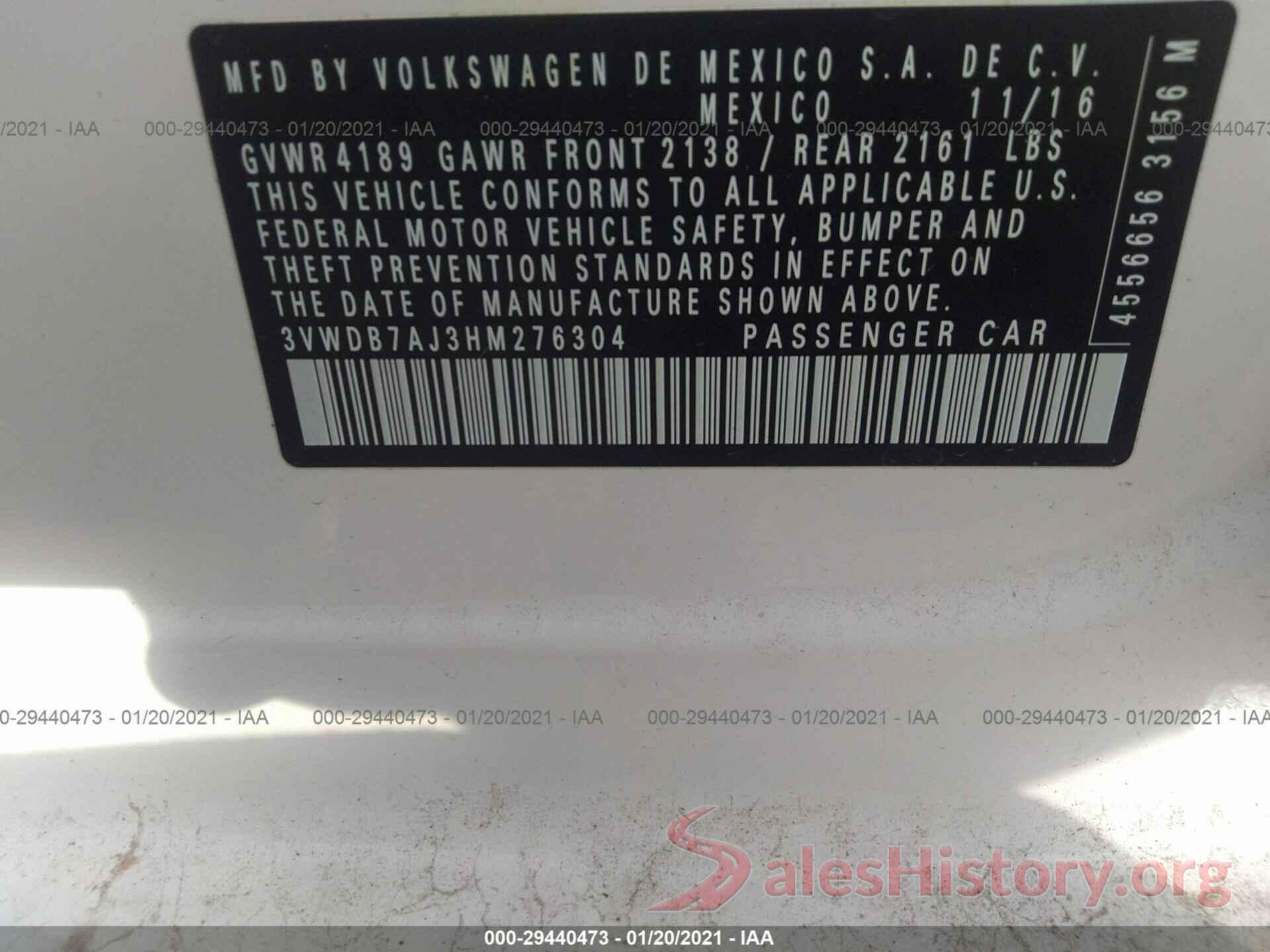 3VWDB7AJ3HM276304 2017 VOLKSWAGEN JETTA