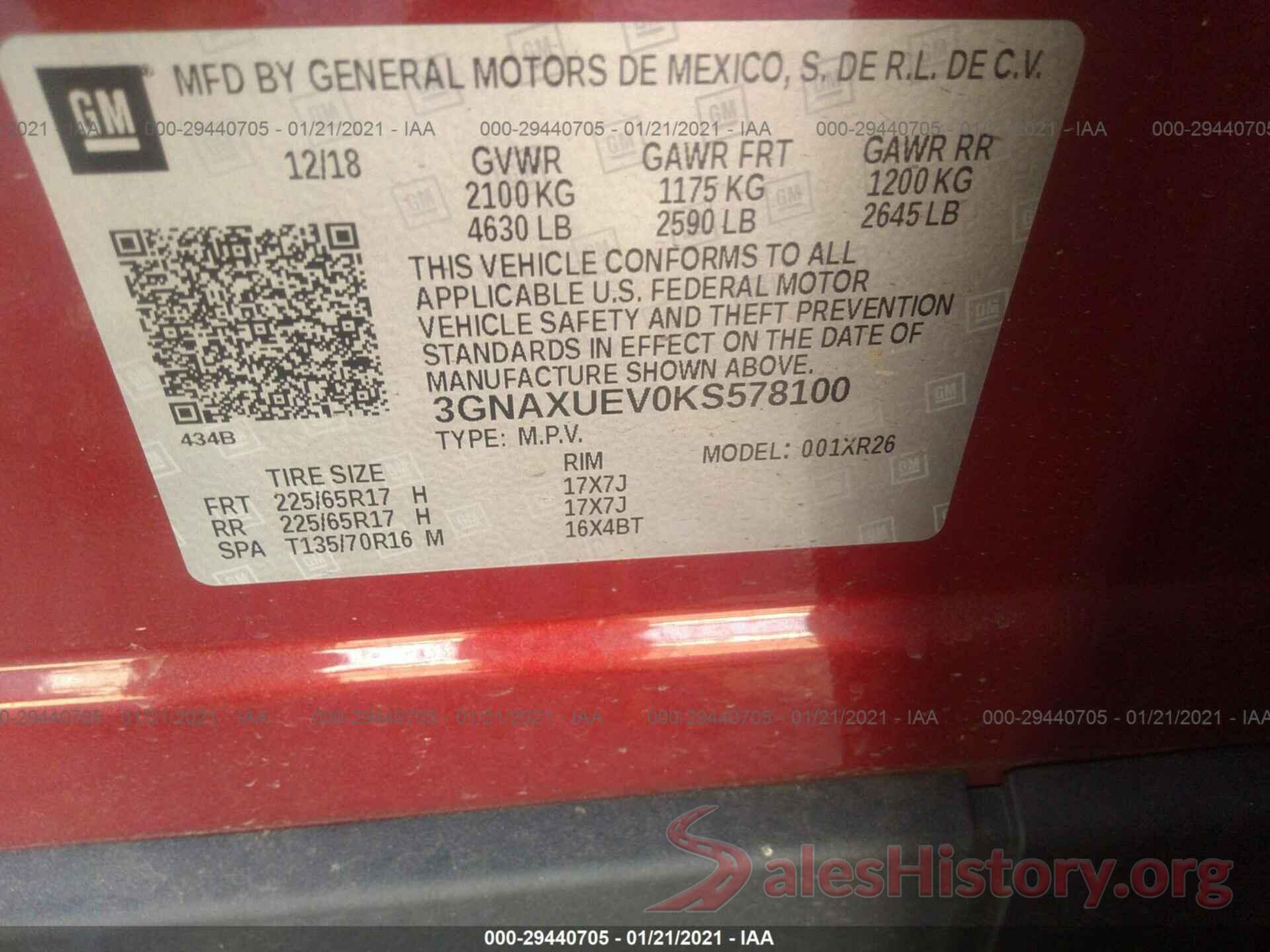 3GNAXUEV0KS578100 2019 CHEVROLET EQUINOX