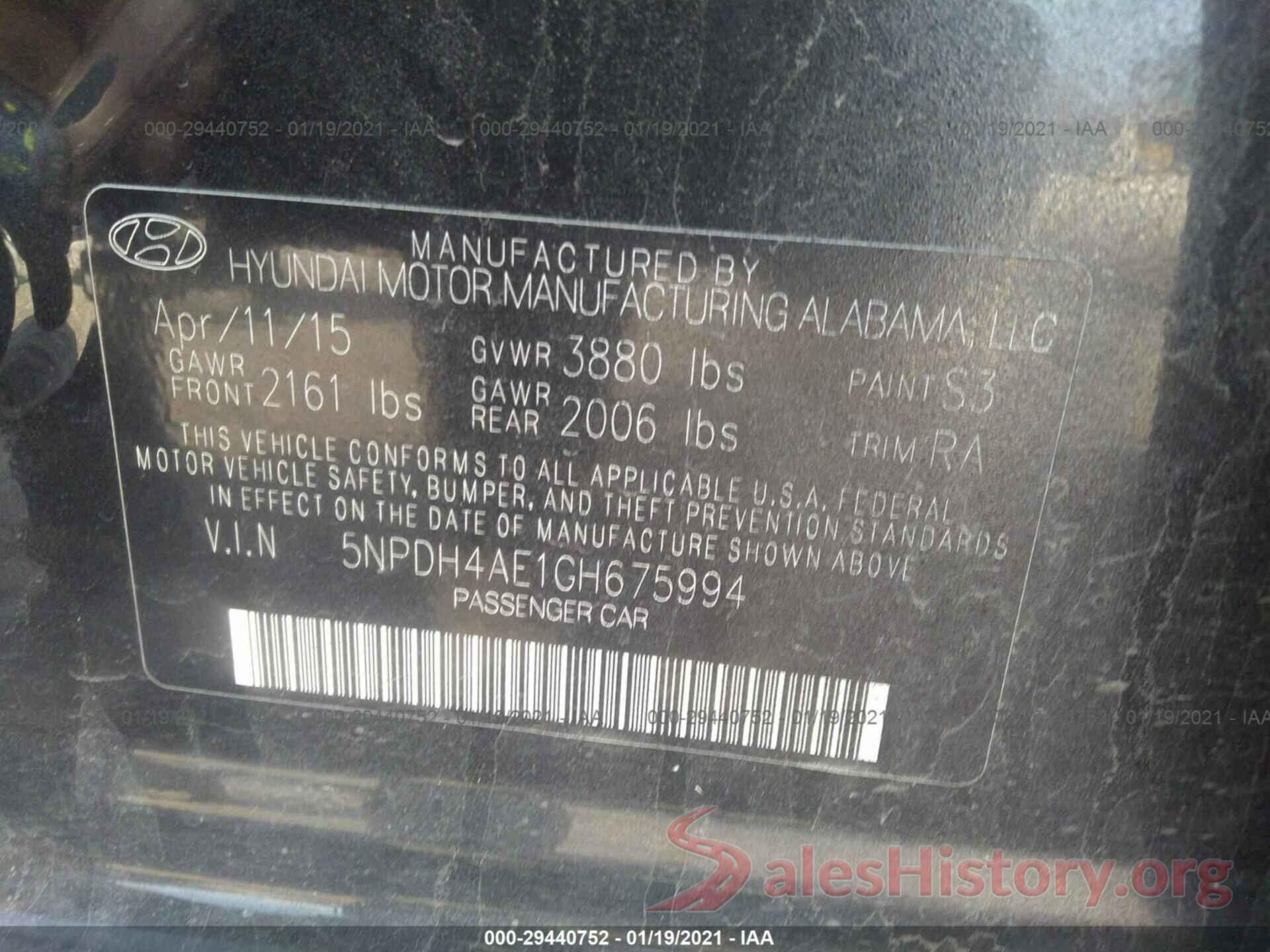 5NPDH4AE1GH675994 2016 HYUNDAI ELANTRA