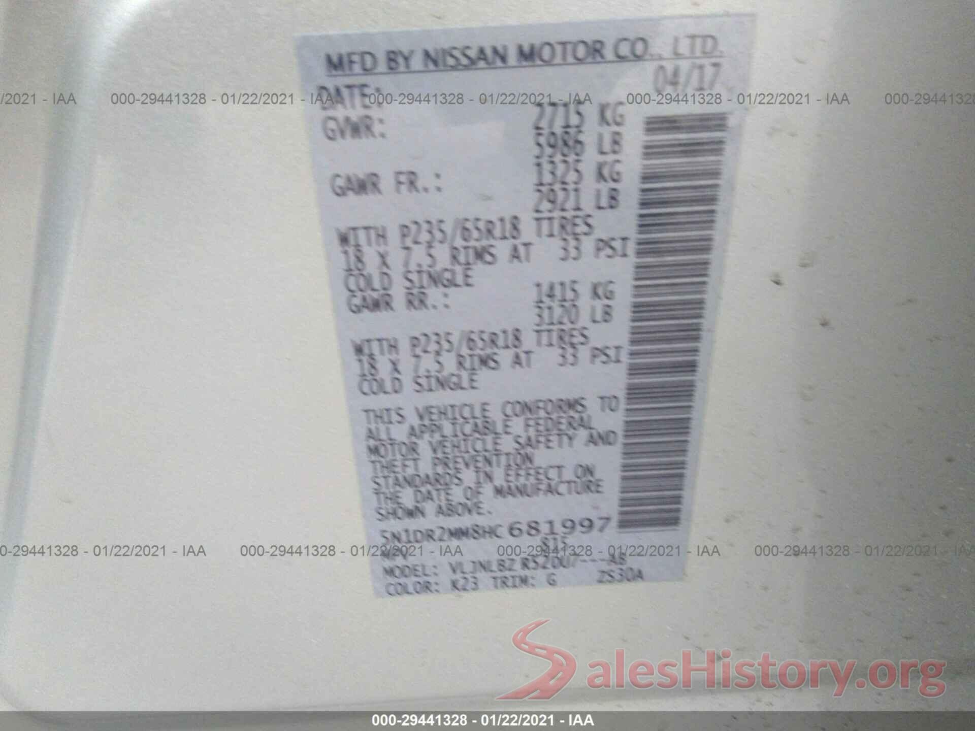 5N1DR2MM8HC681997 2017 NISSAN PATHFINDER