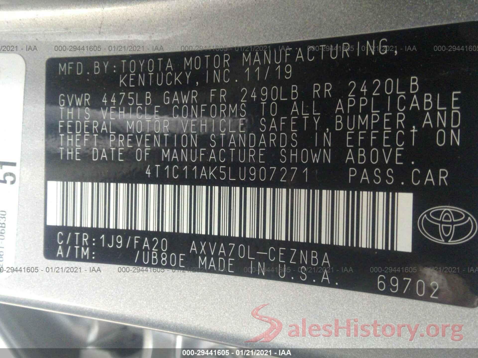 4T1C11AK5LU907271 2020 TOYOTA CAMRY