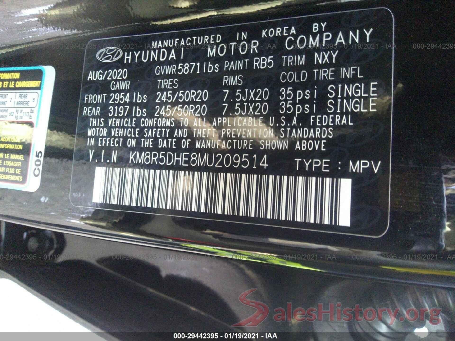 KM8R5DHE8MU209514 2021 HYUNDAI PALISADE