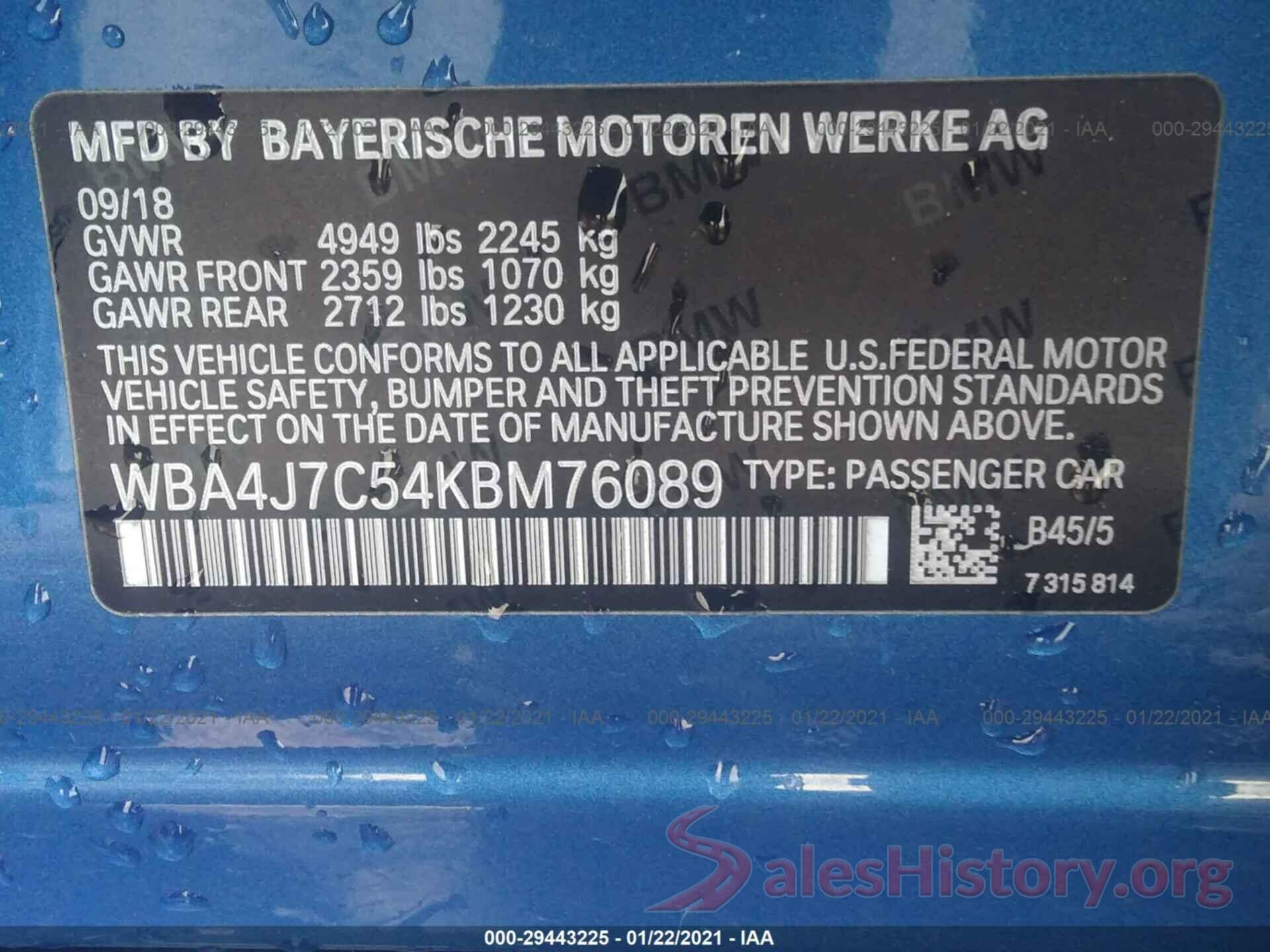 WBA4J7C54KBM76089 2019 BMW 4 SERIES