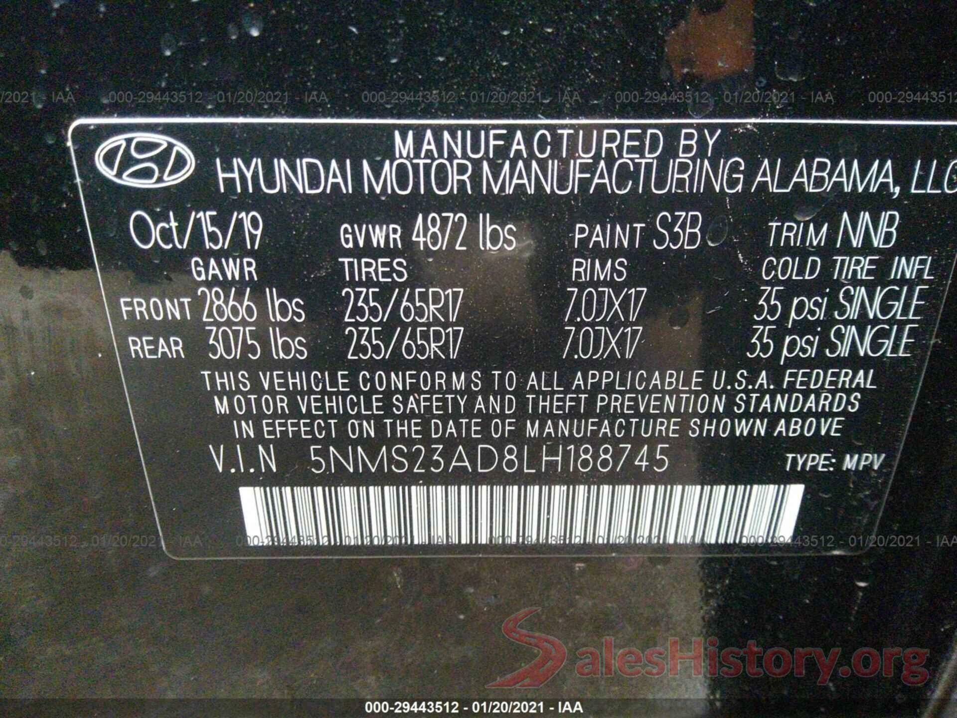 5NMS23AD8LH188745 2020 HYUNDAI SANTA FE