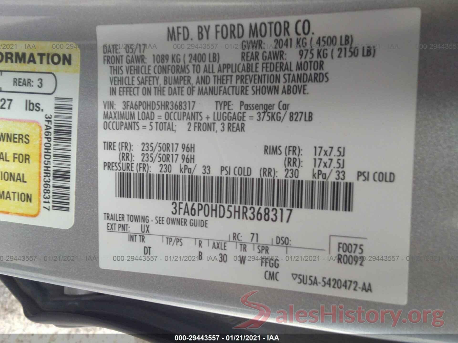 3FA6P0HD5HR368317 2017 FORD FUSION