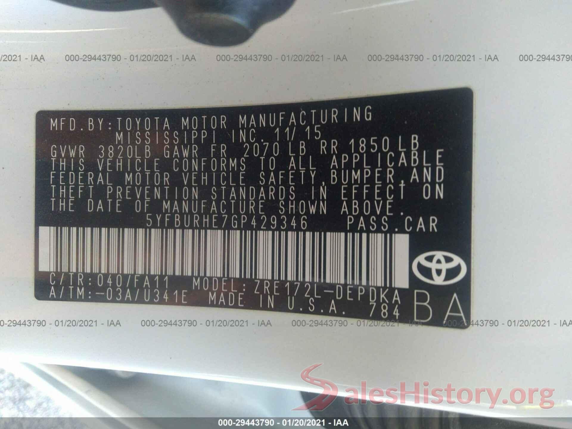 5YFBURHE7GP429346 2016 TOYOTA COROLLA