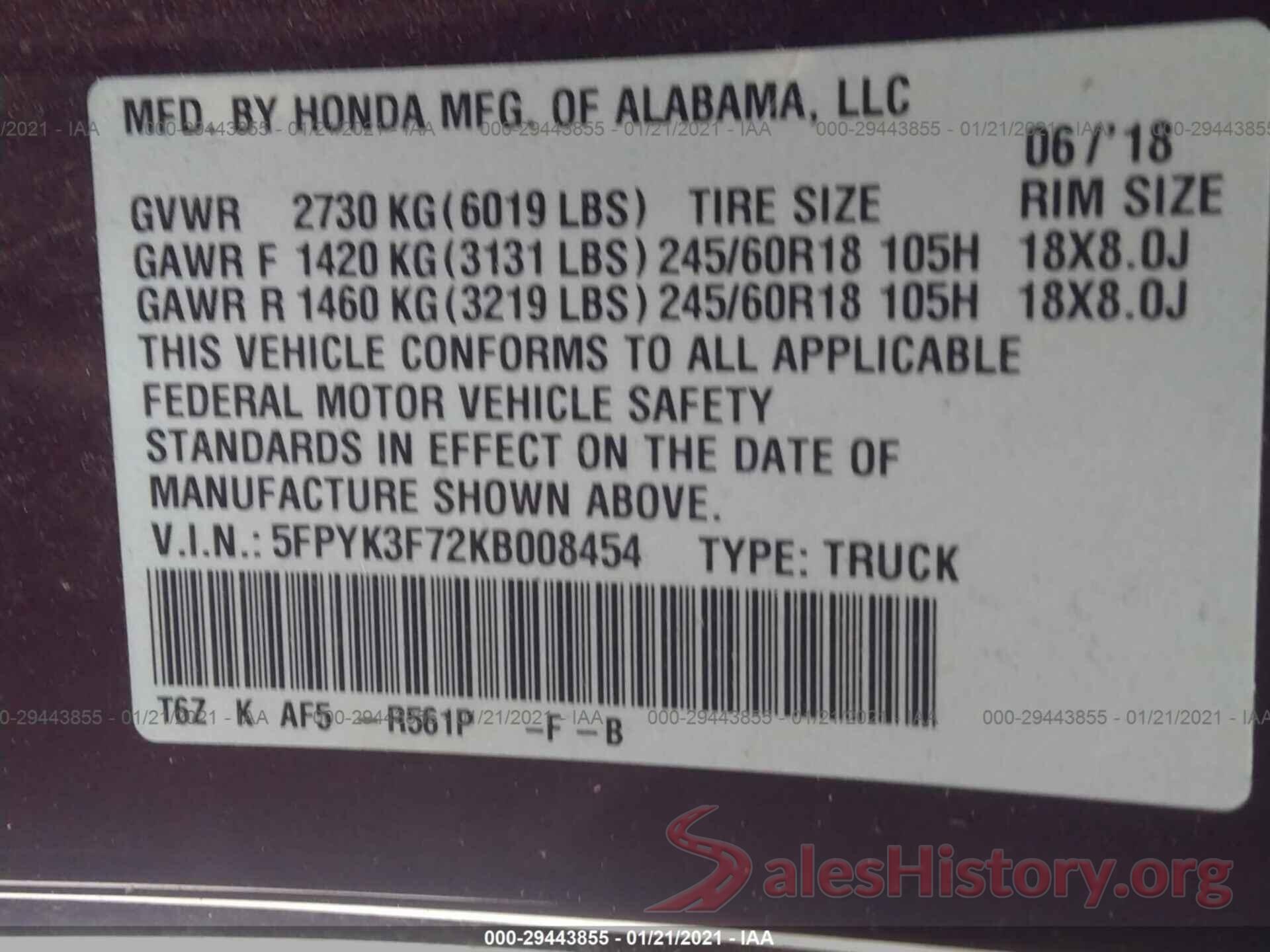 5FPYK3F72KB008454 2019 HONDA RIDGELINE