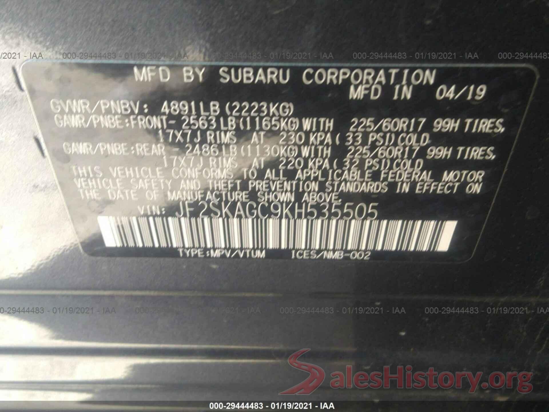 JF2SKAGC9KH535505 2019 SUBARU FORESTER