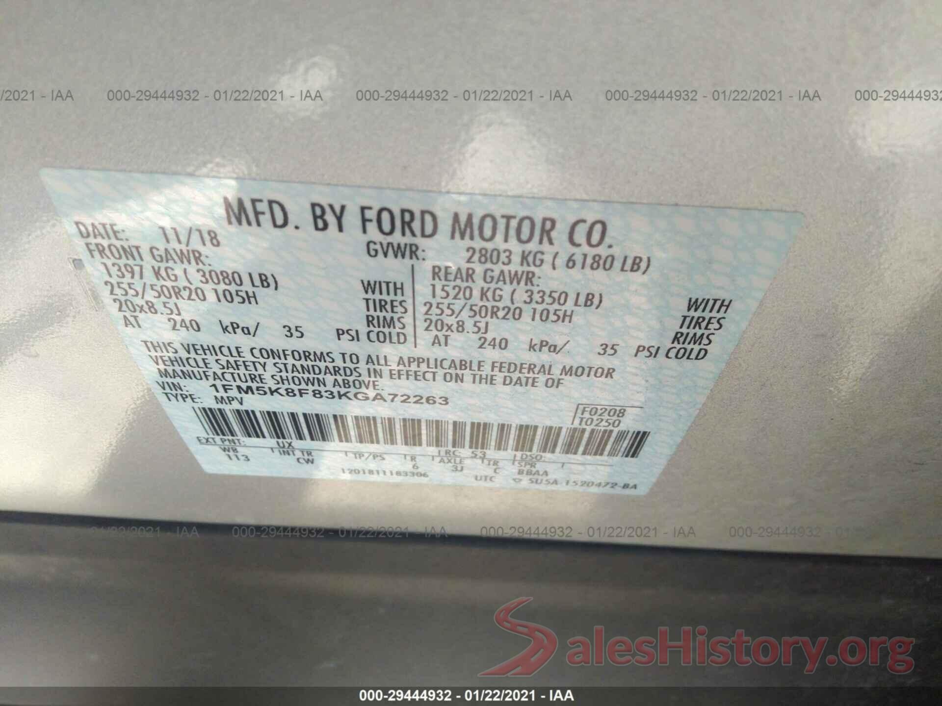 1FM5K8F83KGA72263 2019 FORD EXPLORER