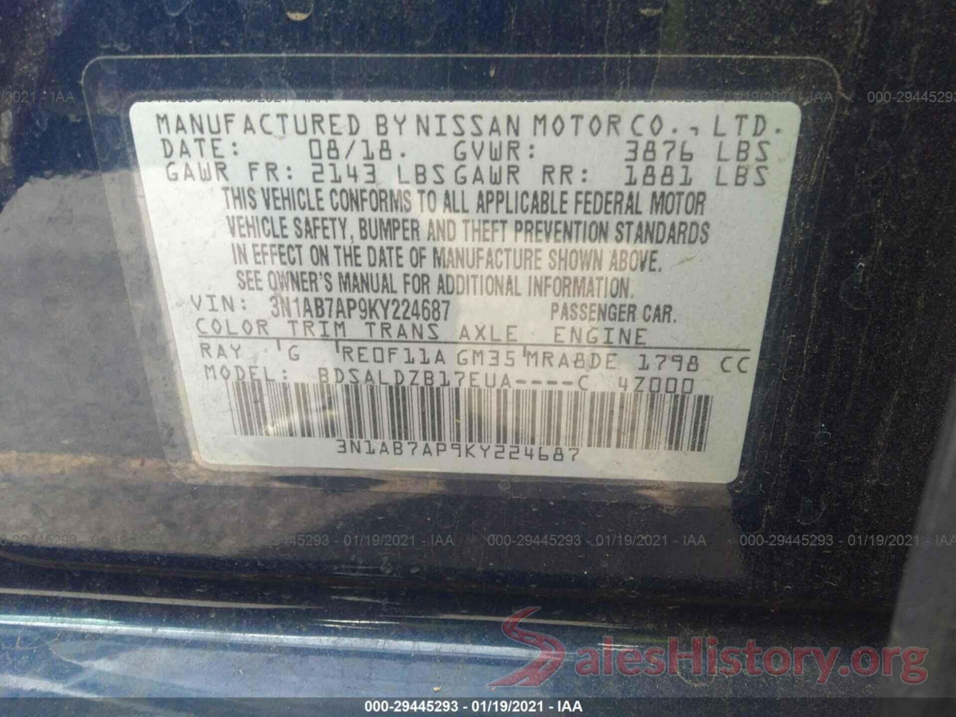 3N1AB7AP9KY224687 2019 NISSAN SENTRA