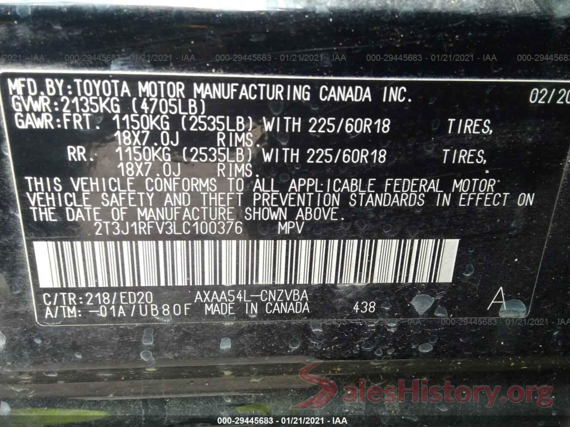 2T3J1RFV3LC100376 2020 TOYOTA RAV4