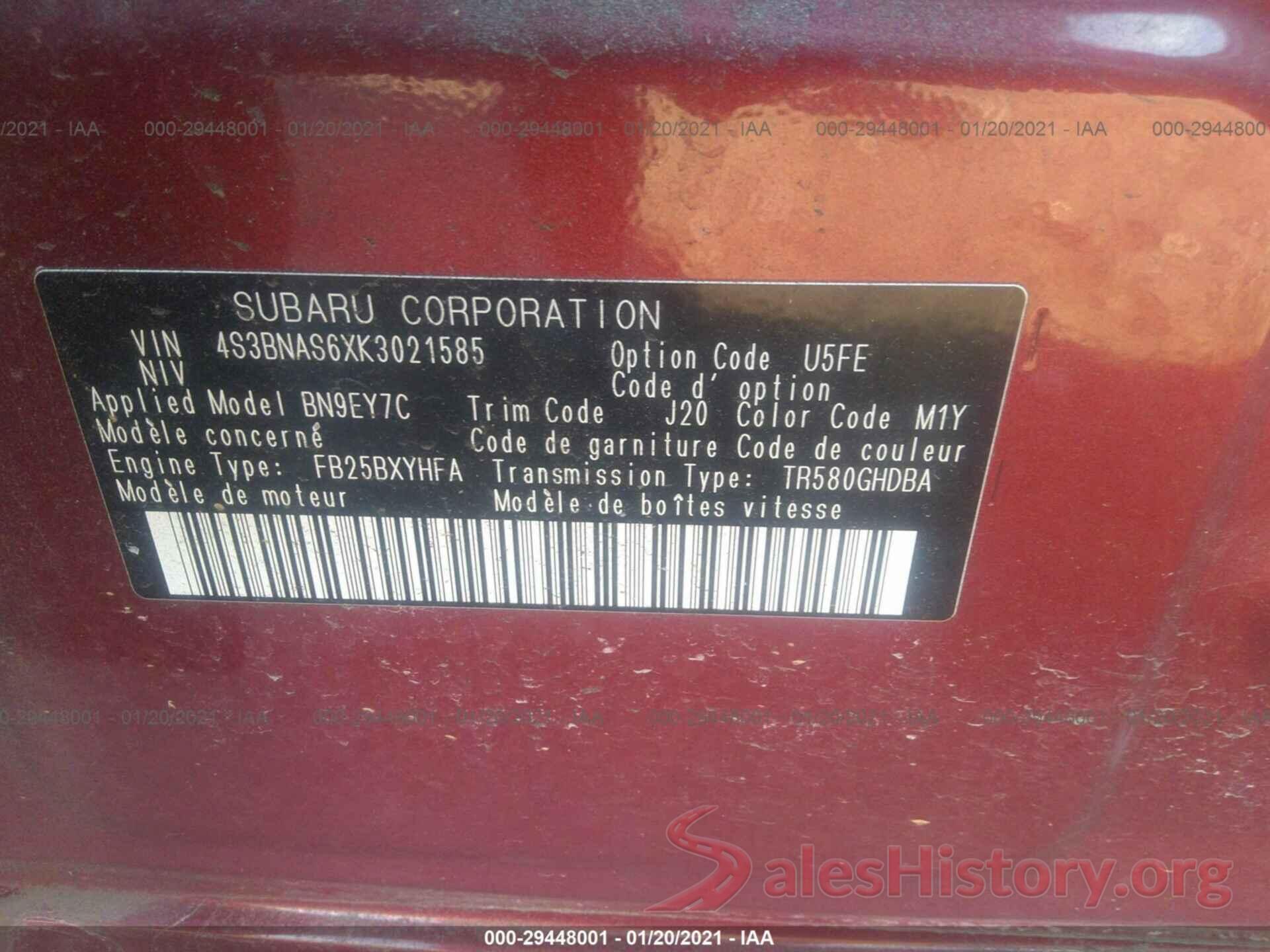 4S3BNAS6XK3021585 2019 SUBARU LEGACY