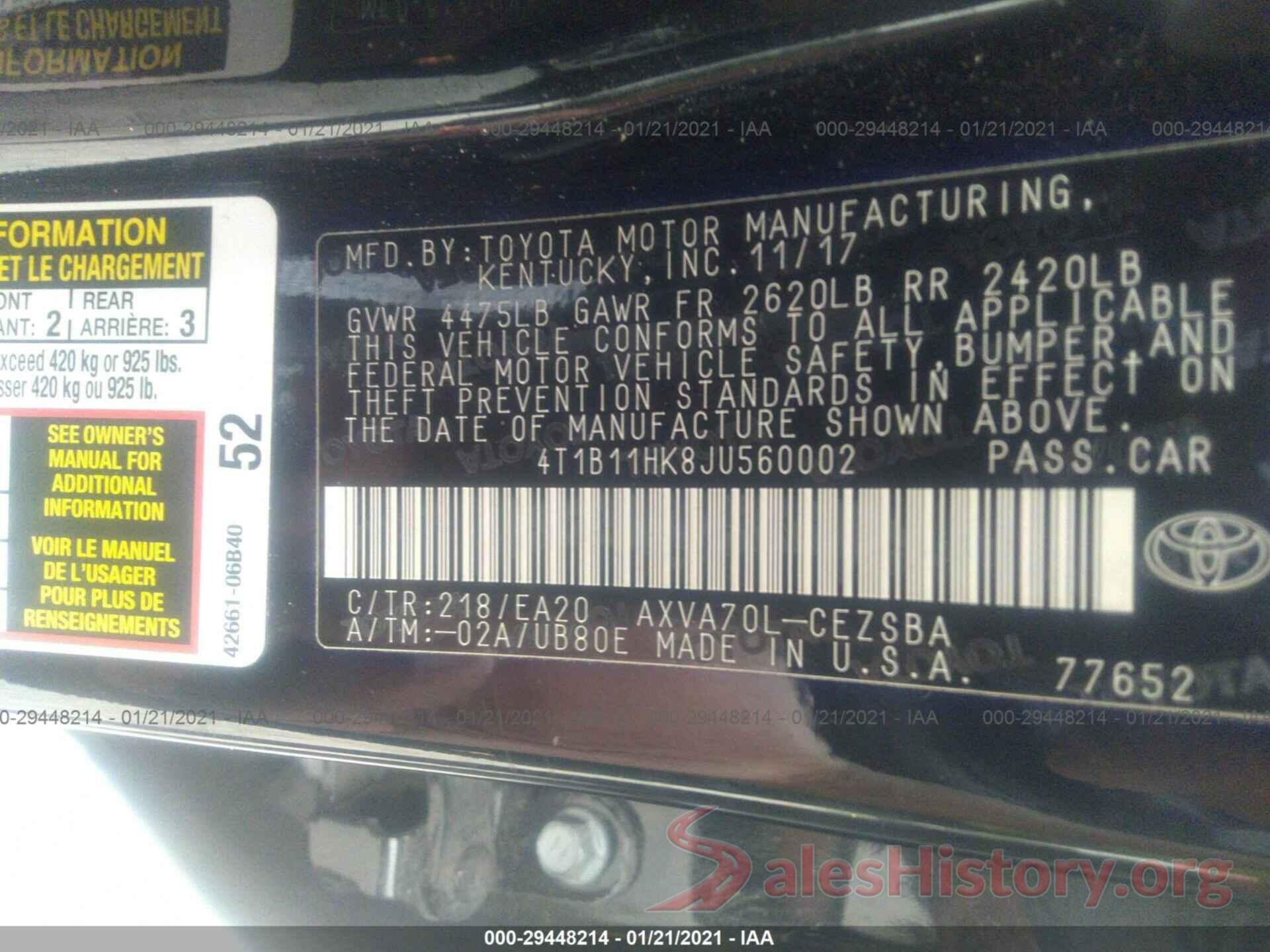 4T1B11HK8JU560002 2018 TOYOTA CAMRY