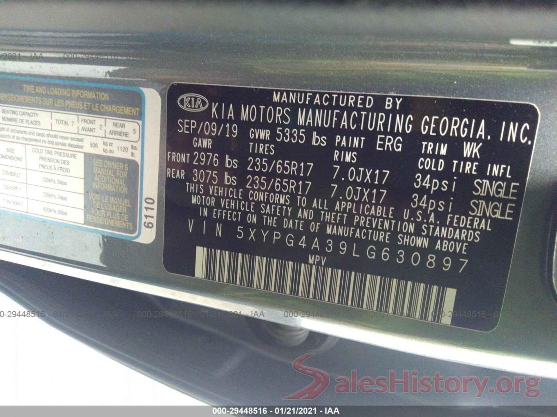 5XYPG4A39LG630897 2020 KIA SORENTO