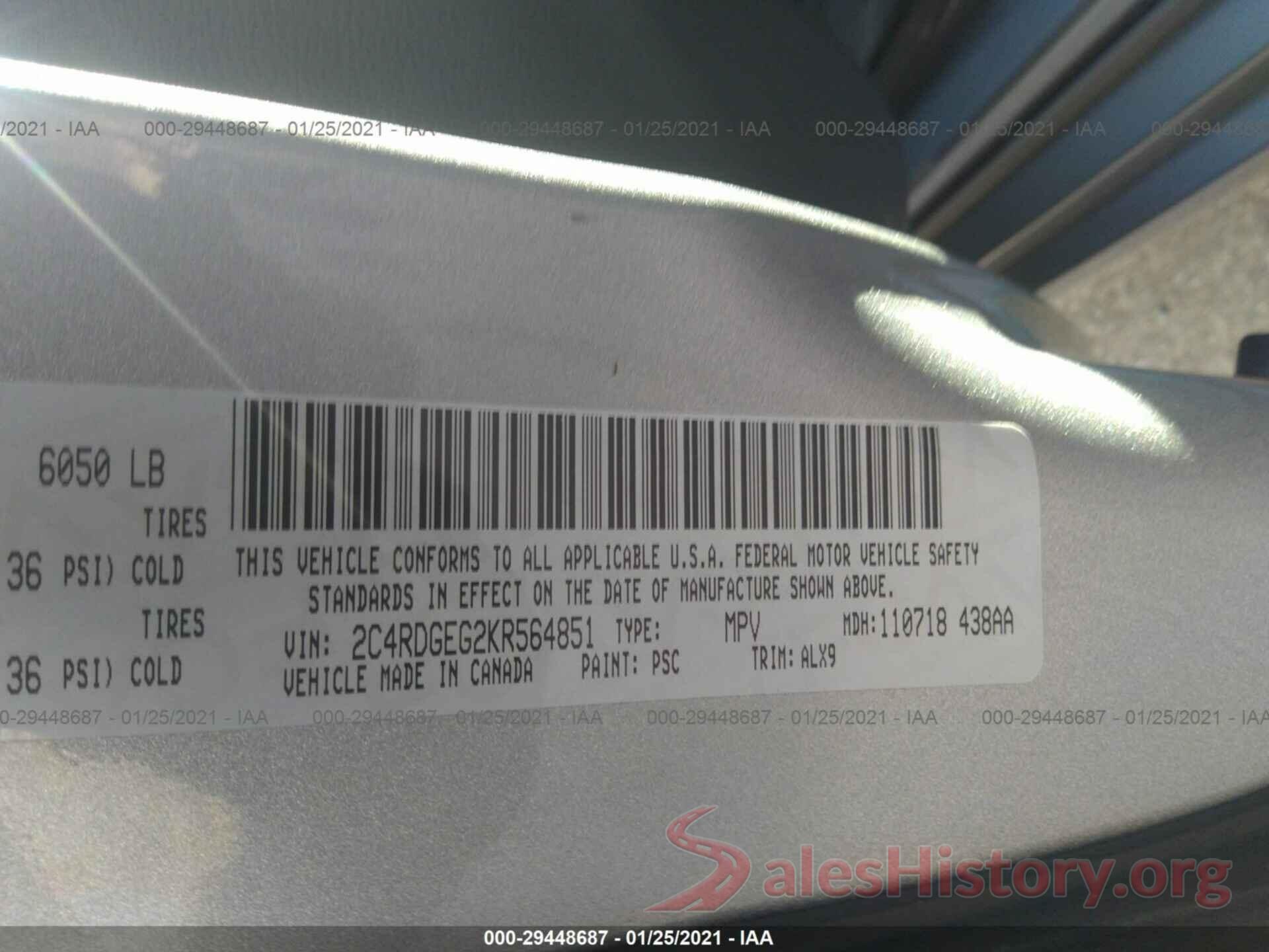 2C4RDGEG2KR564851 2019 DODGE GRAND CARAVAN