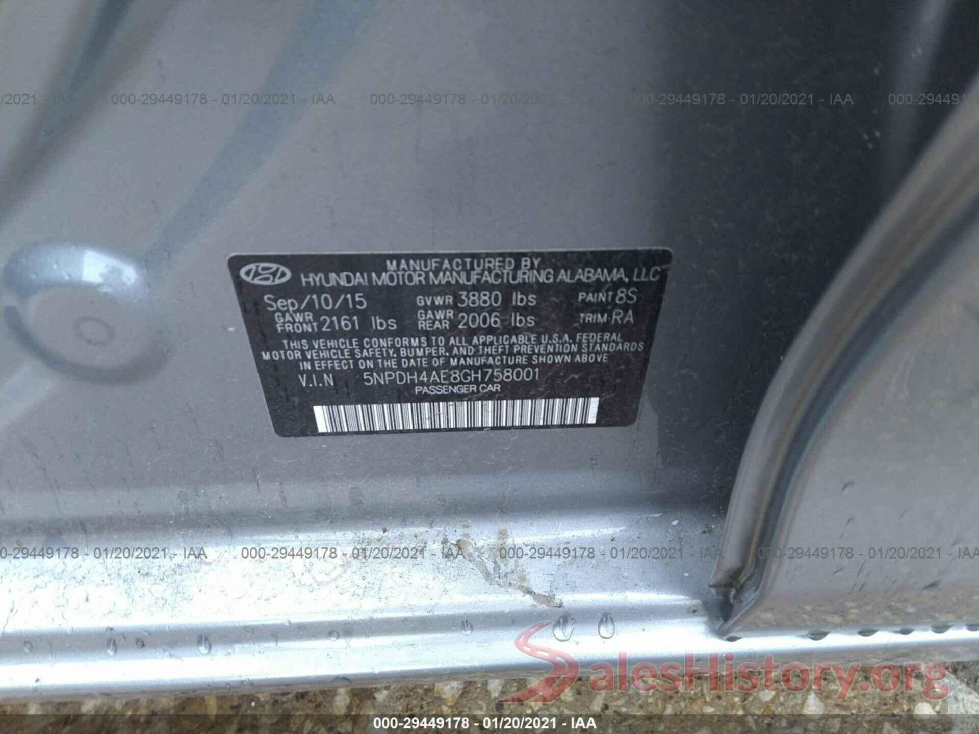 5NPDH4AE8GH758001 2016 HYUNDAI ELANTRA