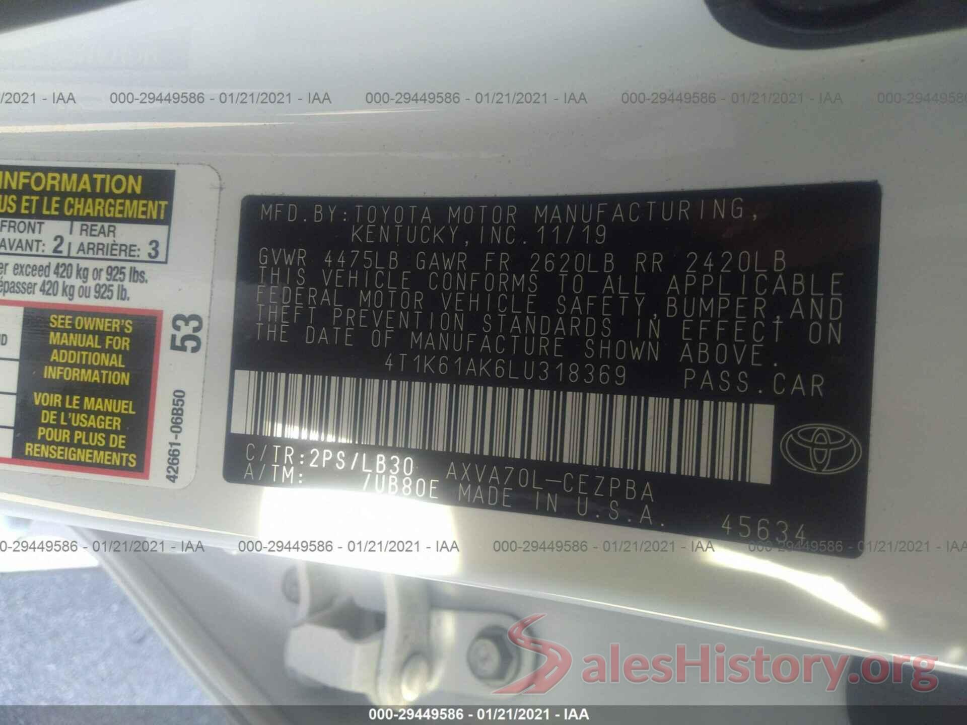 4T1K61AK6LU318369 2020 TOYOTA CAMRY