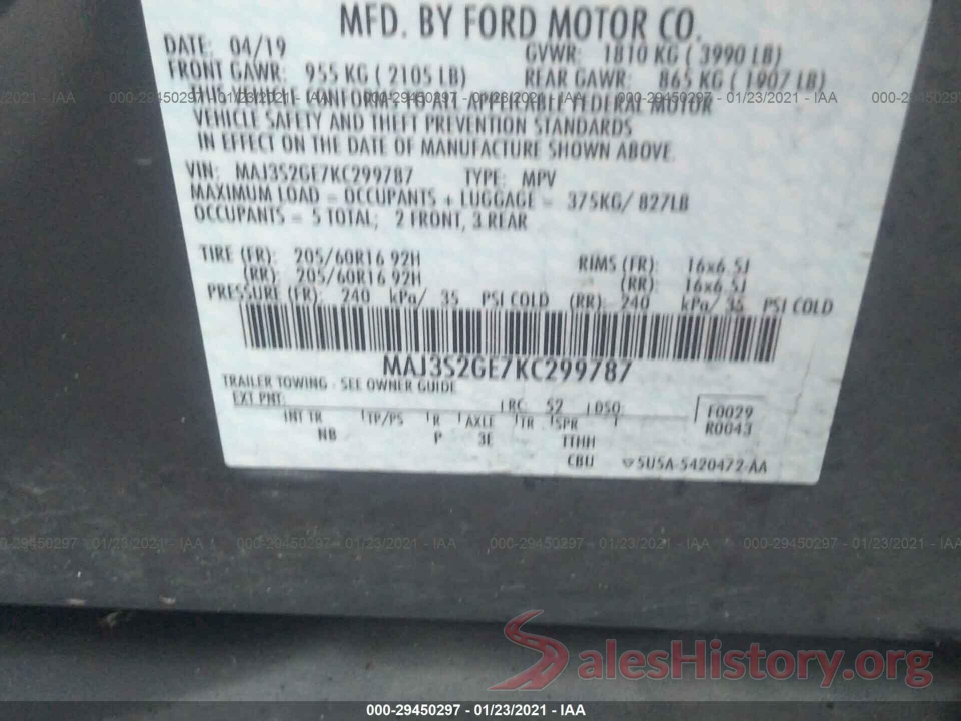 MAJ3S2GE7KC299787 2019 FORD ECOSPORT