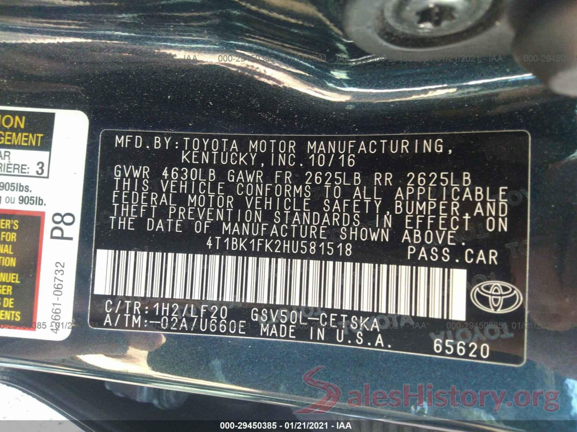 4T1BK1FK2HU581518 2017 TOYOTA CAMRY