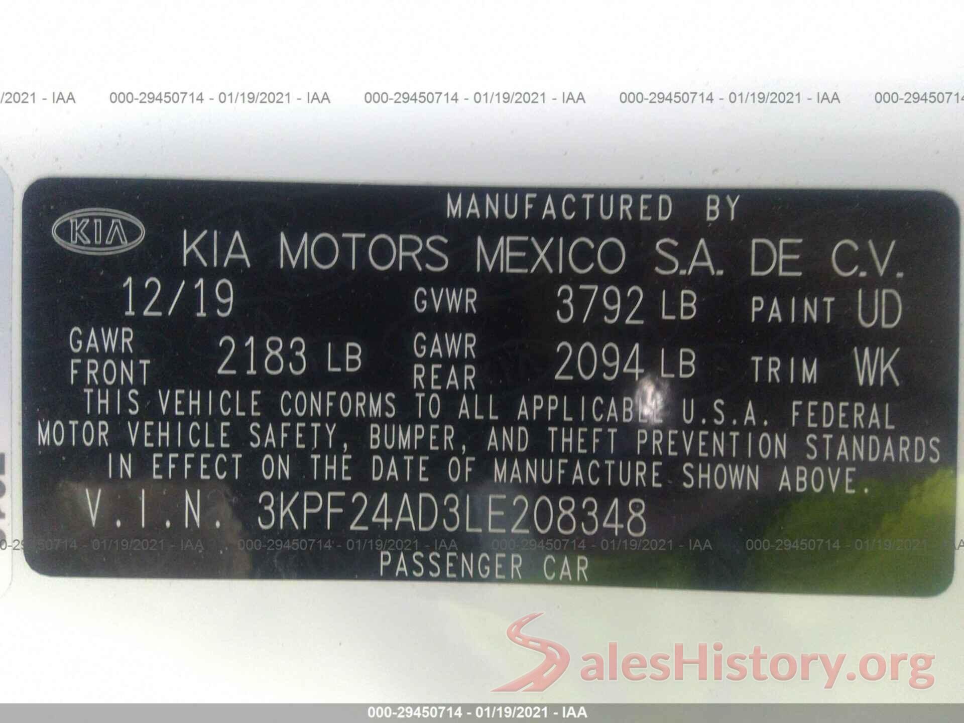 3KPF24AD3LE208348 2020 KIA FORTE