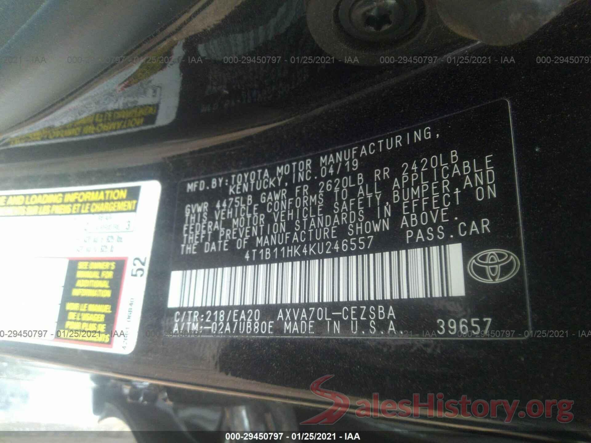 4T1B11HK4KU246557 2019 TOYOTA CAMRY