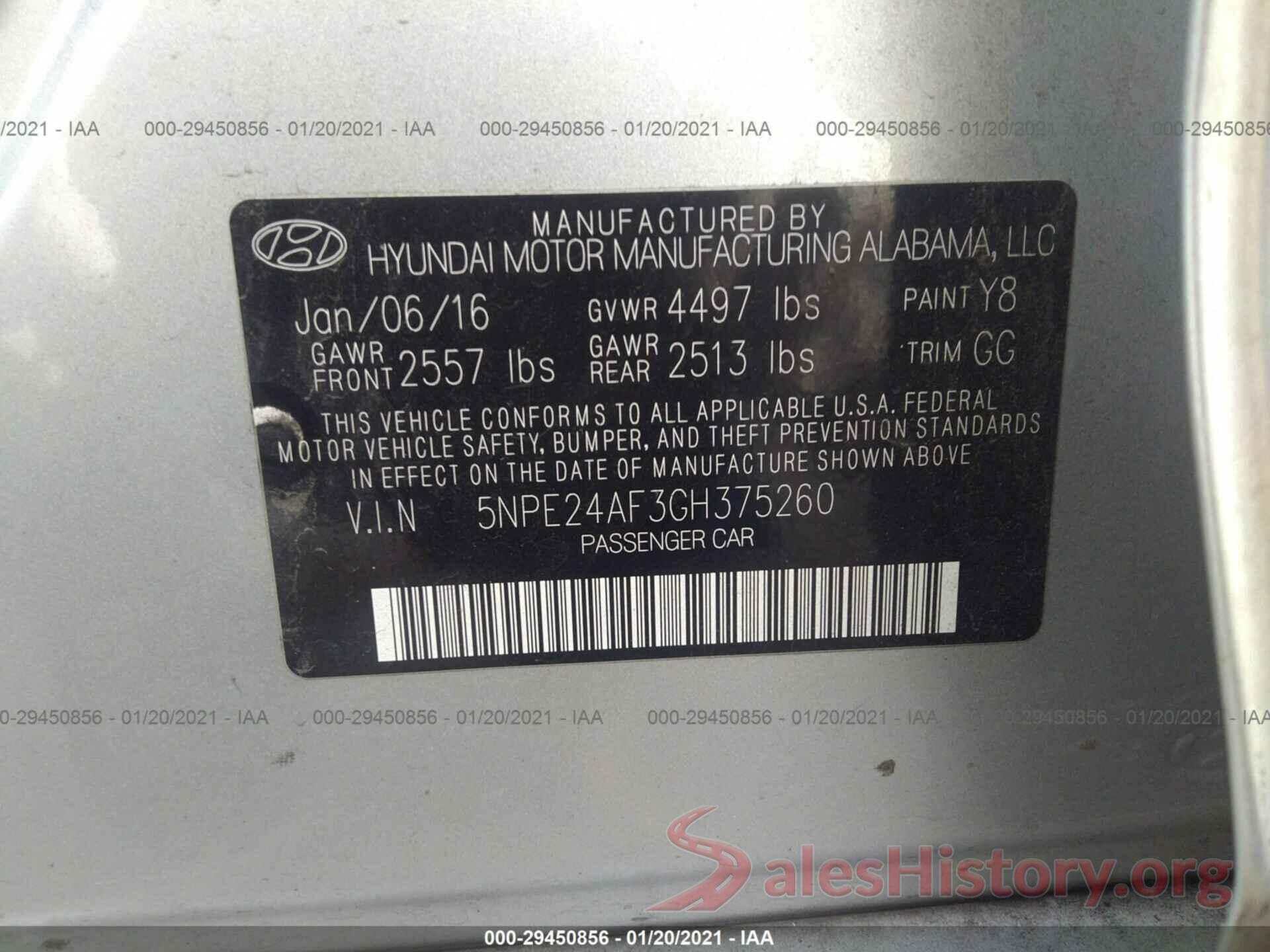 5NPE24AF3GH375260 2016 HYUNDAI SONATA