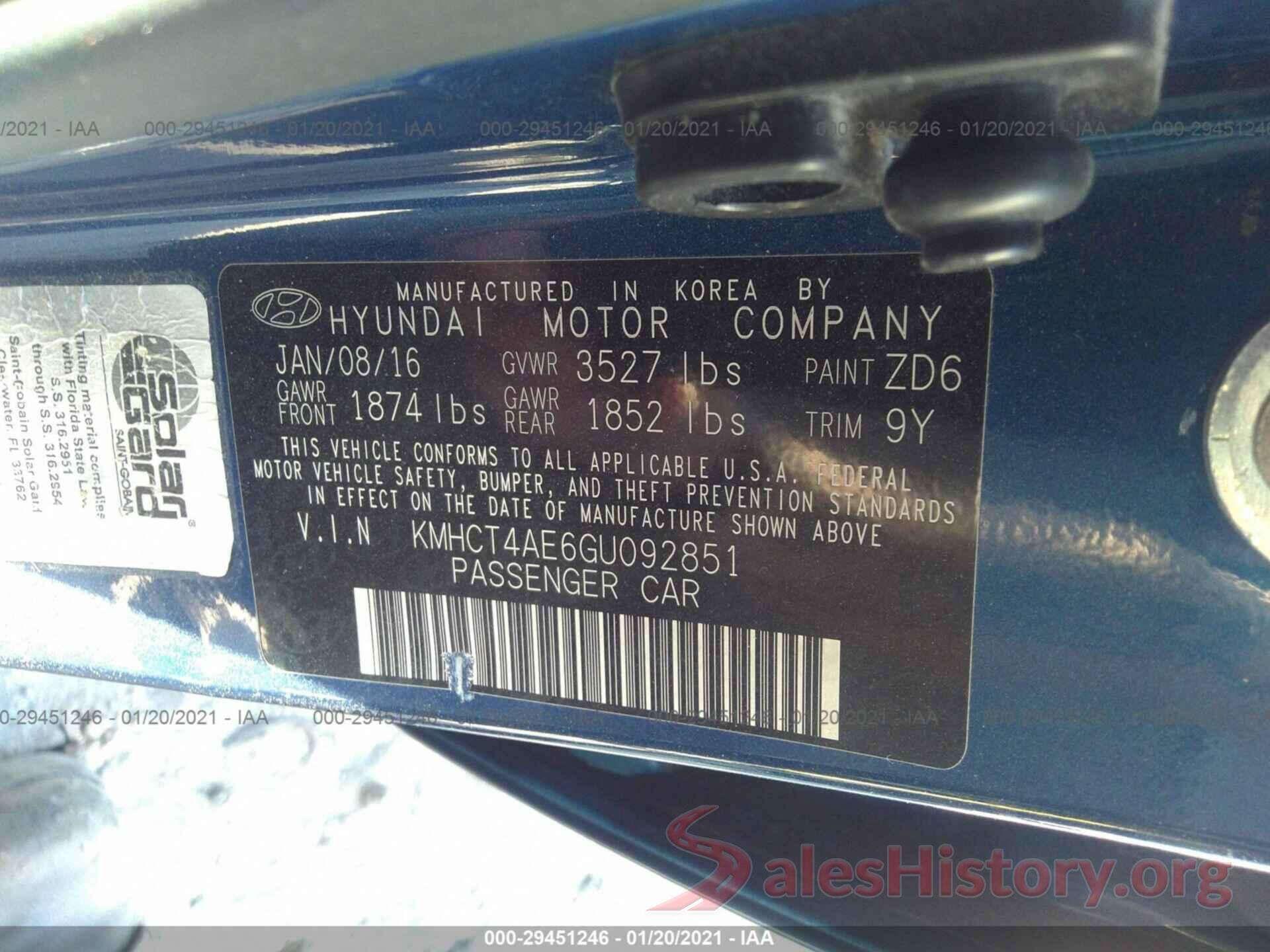 KMHCT4AE6GU092851 2016 HYUNDAI ACCENT