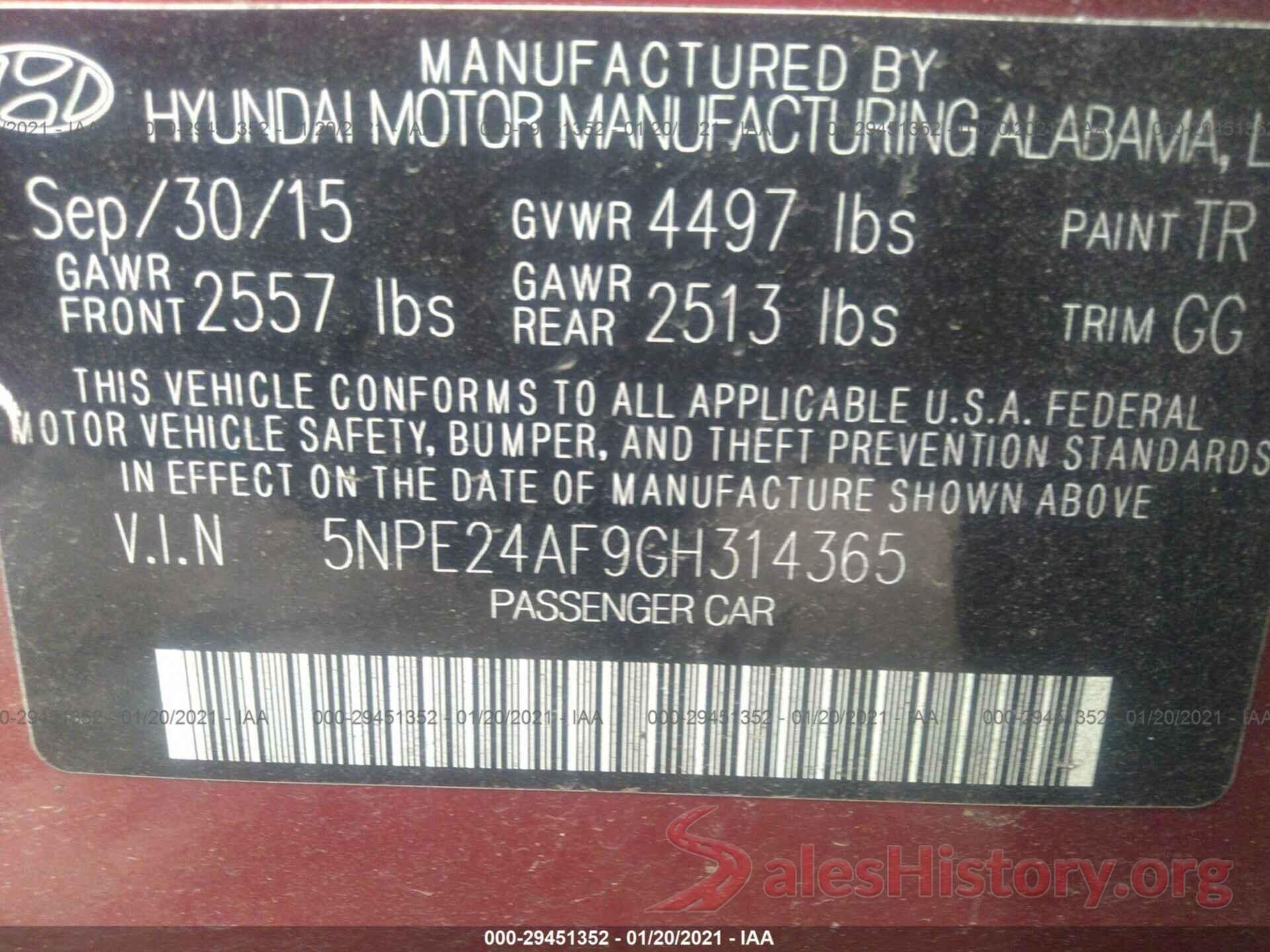 5NPE24AF9GH314365 2016 HYUNDAI SONATA