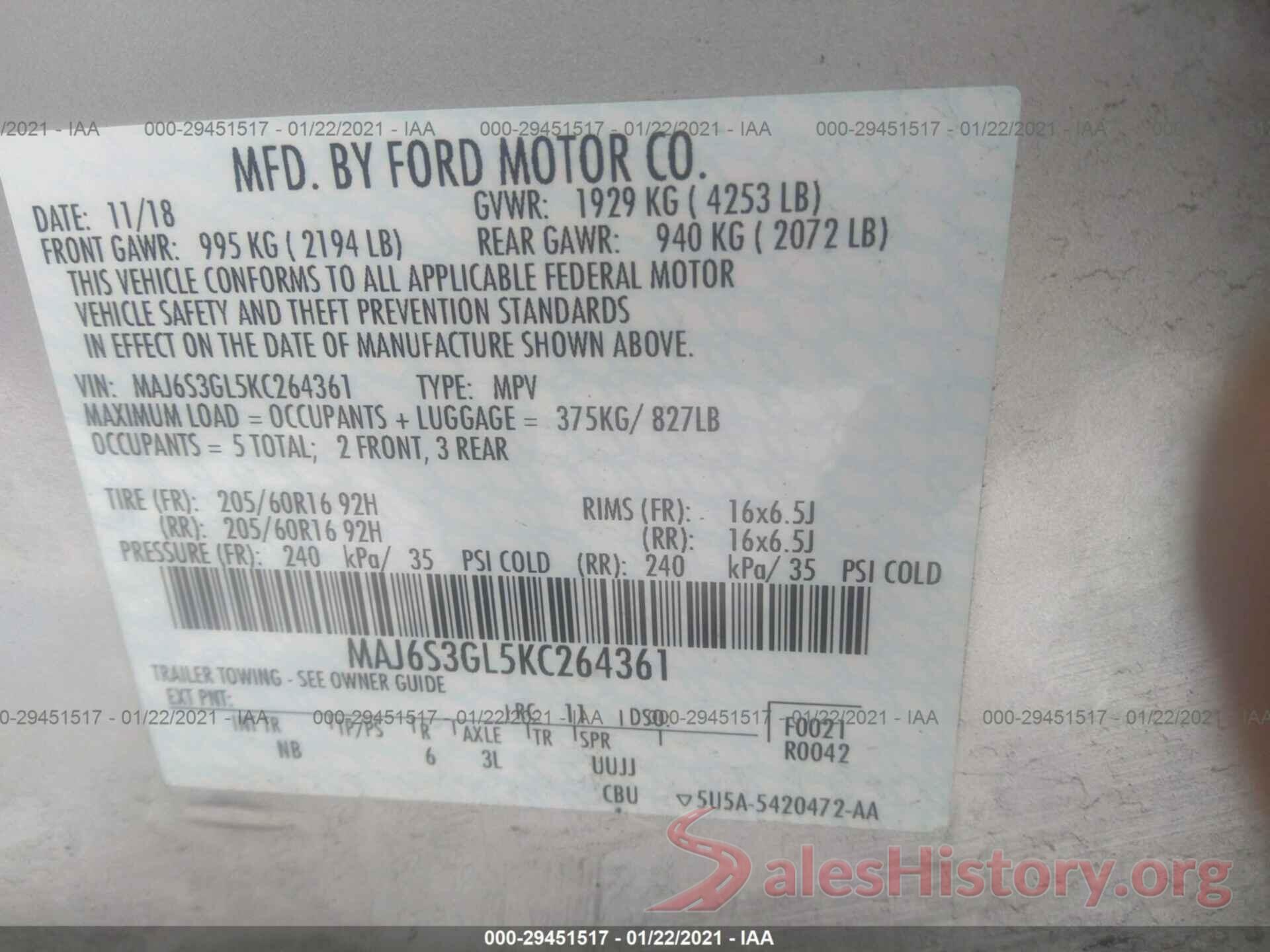 MAJ6S3GL5KC264361 2019 FORD ECOSPORT