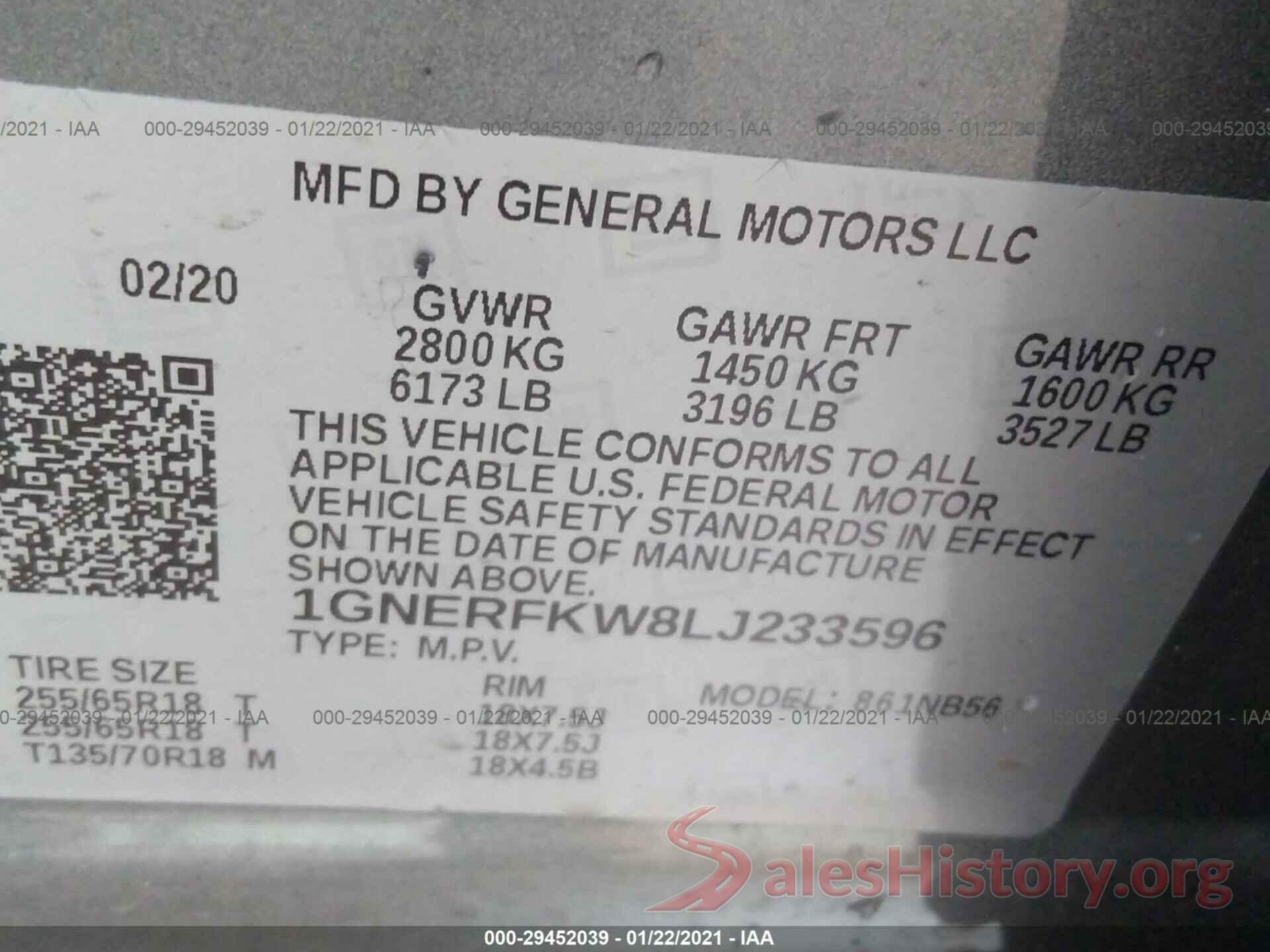 1GNERFKW8LJ233596 2020 CHEVROLET TRAVERSE