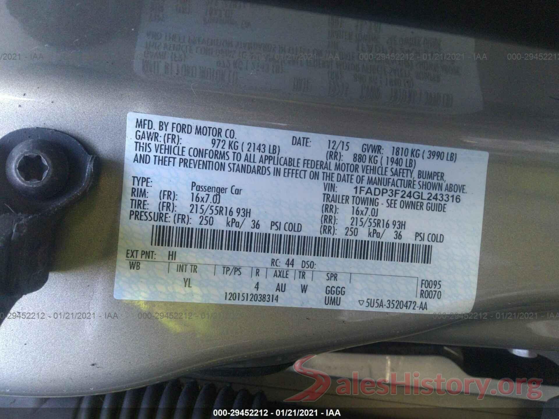 1FADP3F24GL243316 2016 FORD FOCUS