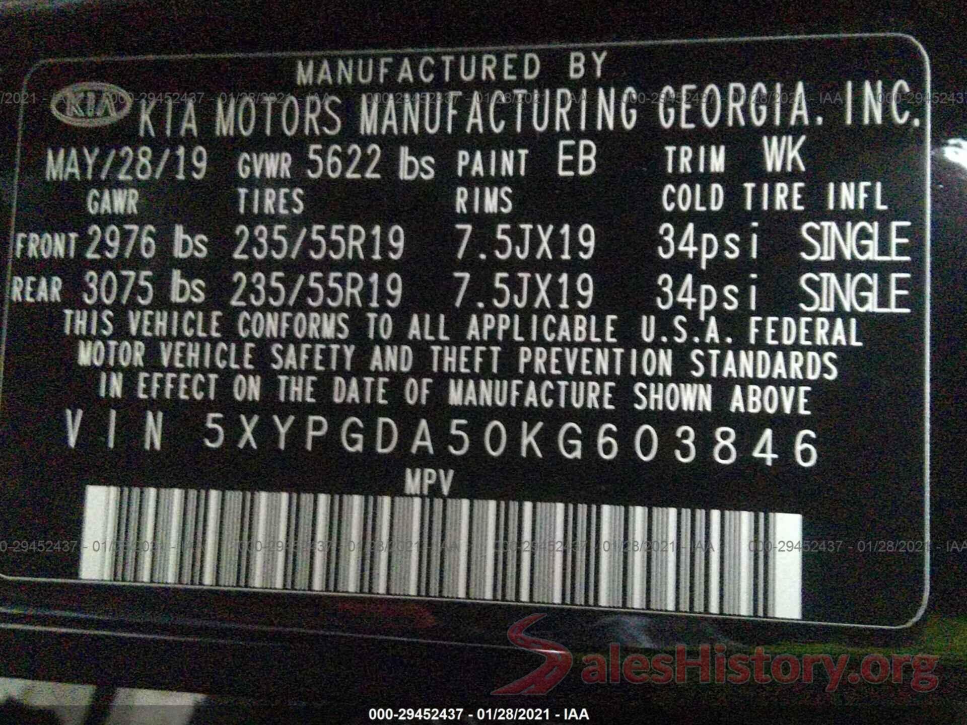 5XYPGDA50KG603846 2019 KIA SORENTO