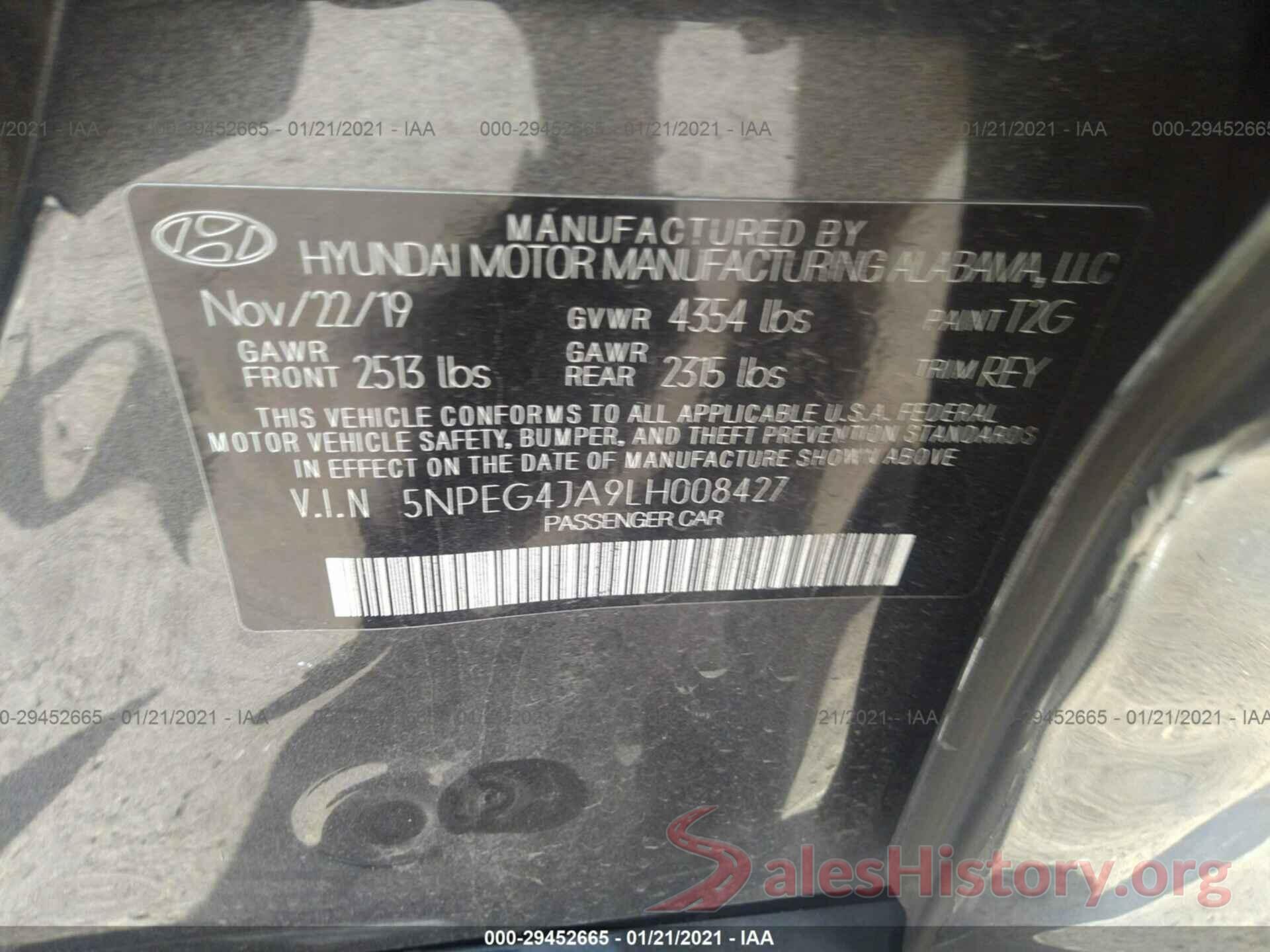 5NPEG4JA9LH008427 2020 HYUNDAI SONATA