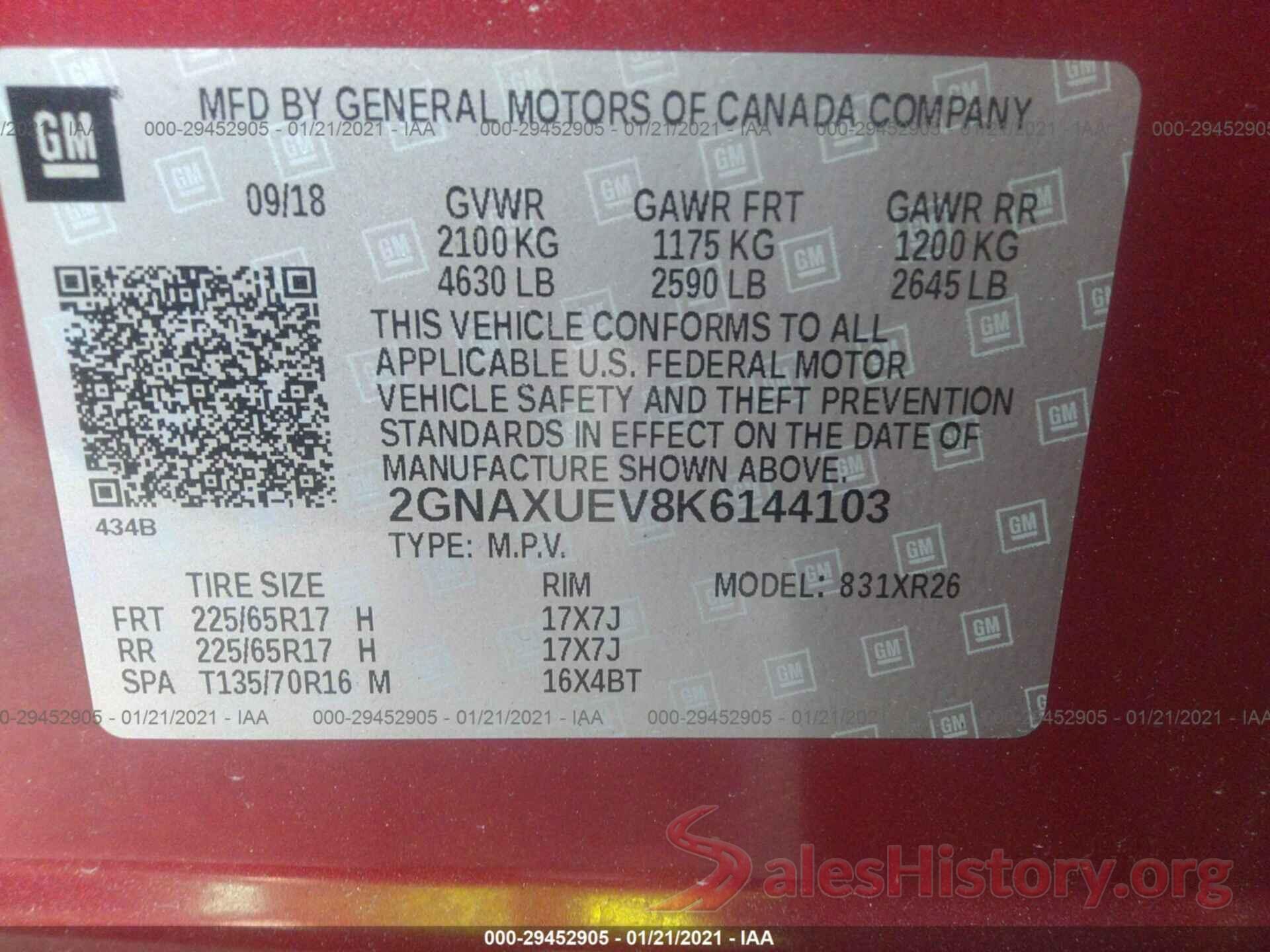 2GNAXUEV8K6144103 2019 CHEVROLET EQUINOX