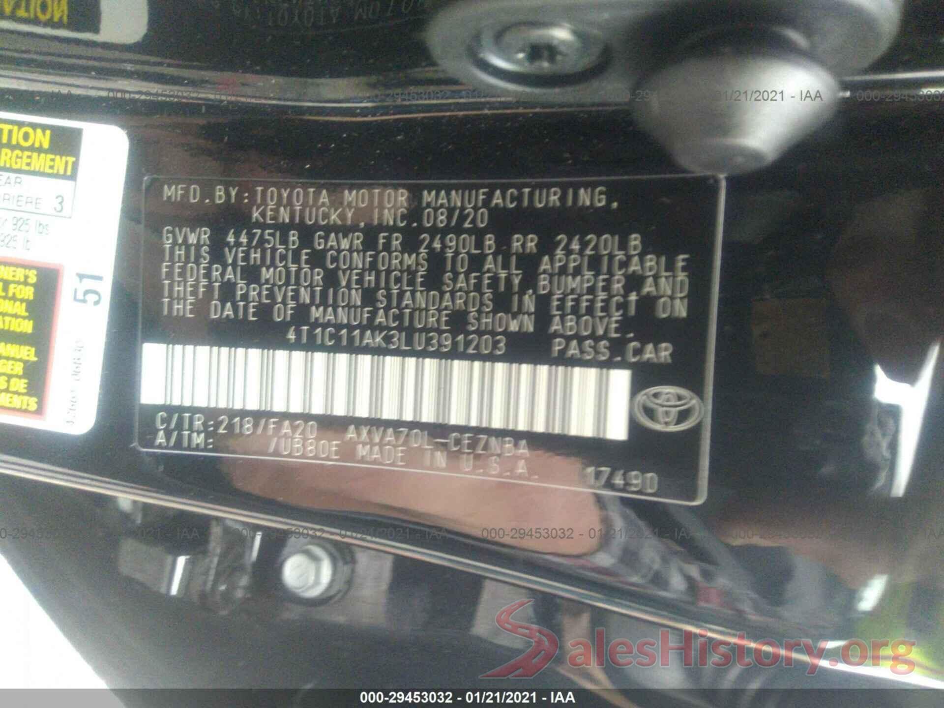 4T1C11AK3LU391203 2020 TOYOTA CAMRY