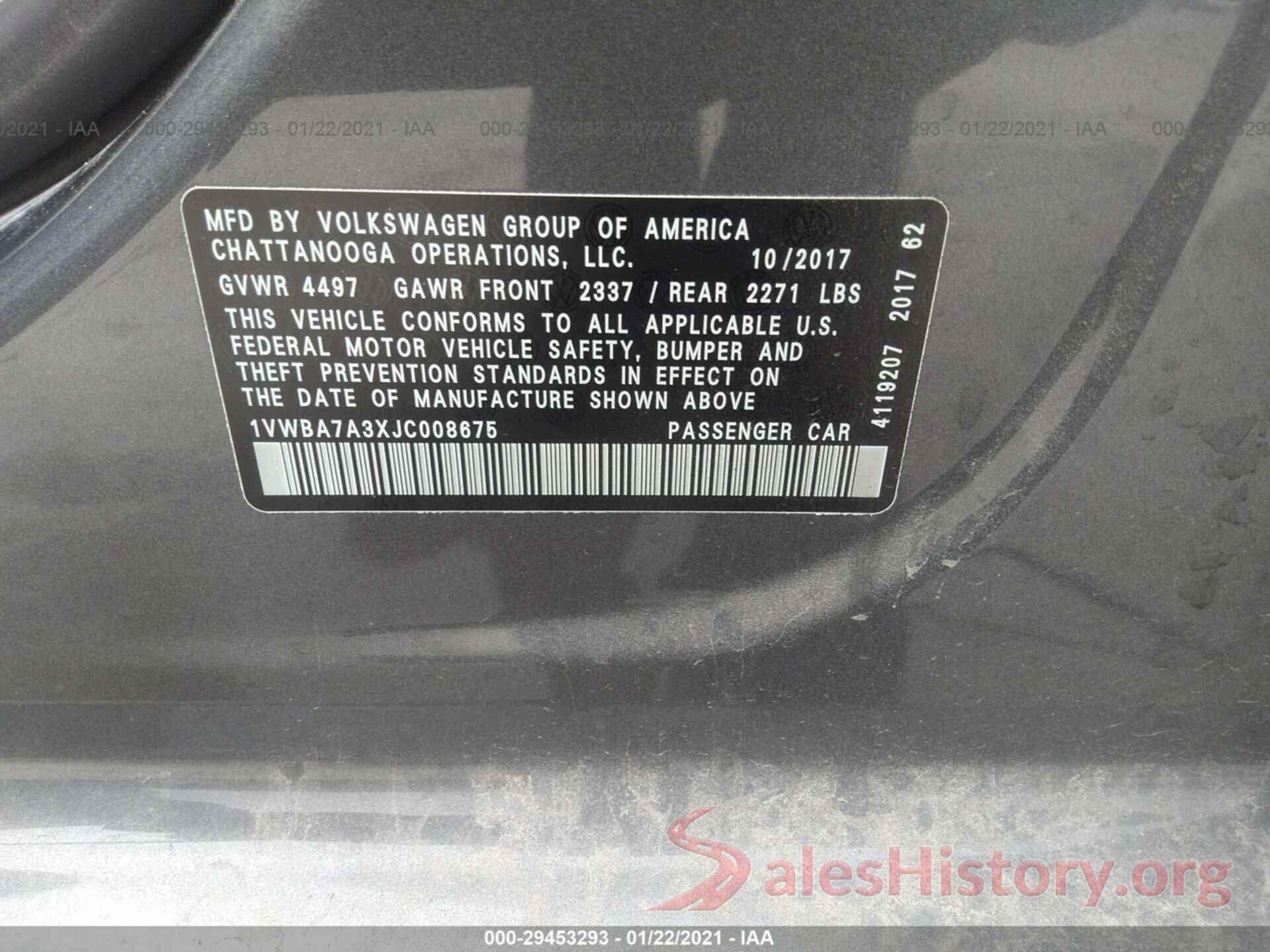 1VWBA7A3XJC008675 2018 VOLKSWAGEN PASSAT