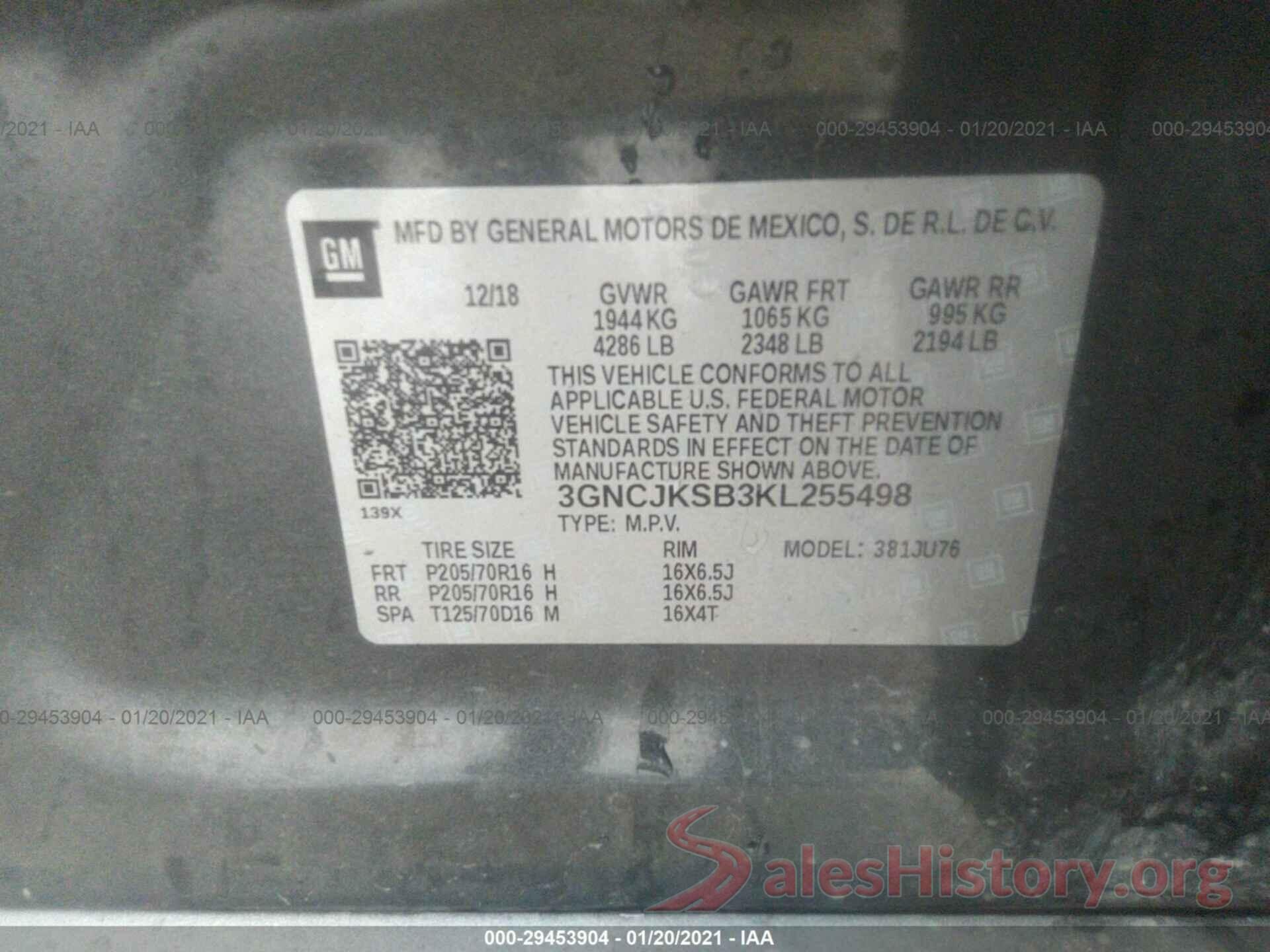 3GNCJKSB3KL255498 2019 CHEVROLET TRAX