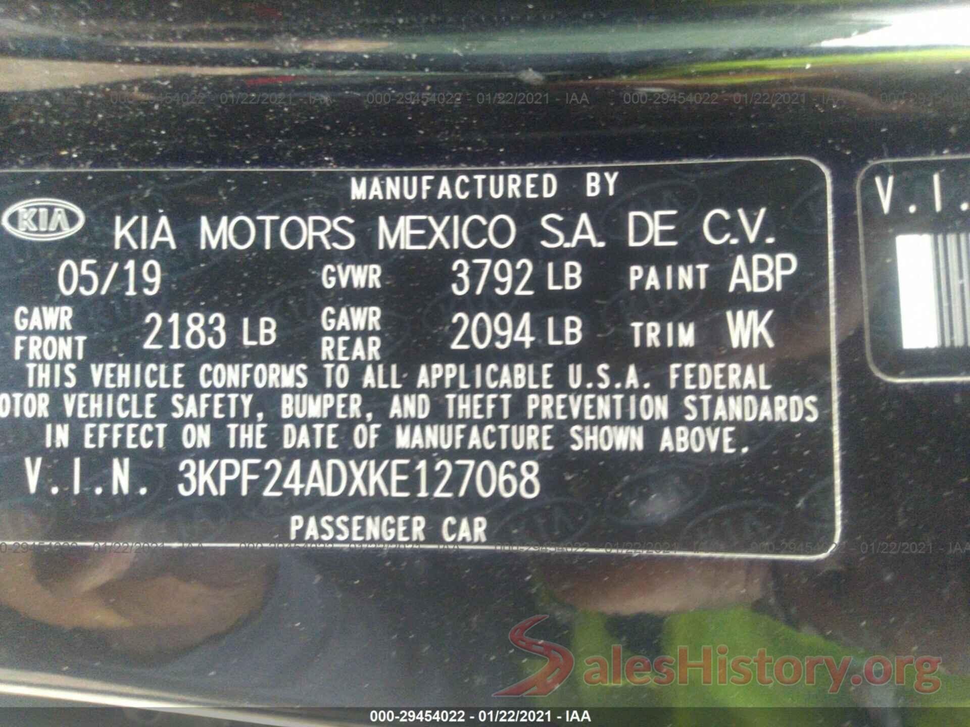 3KPF24ADXKE127068 2019 KIA FORTE