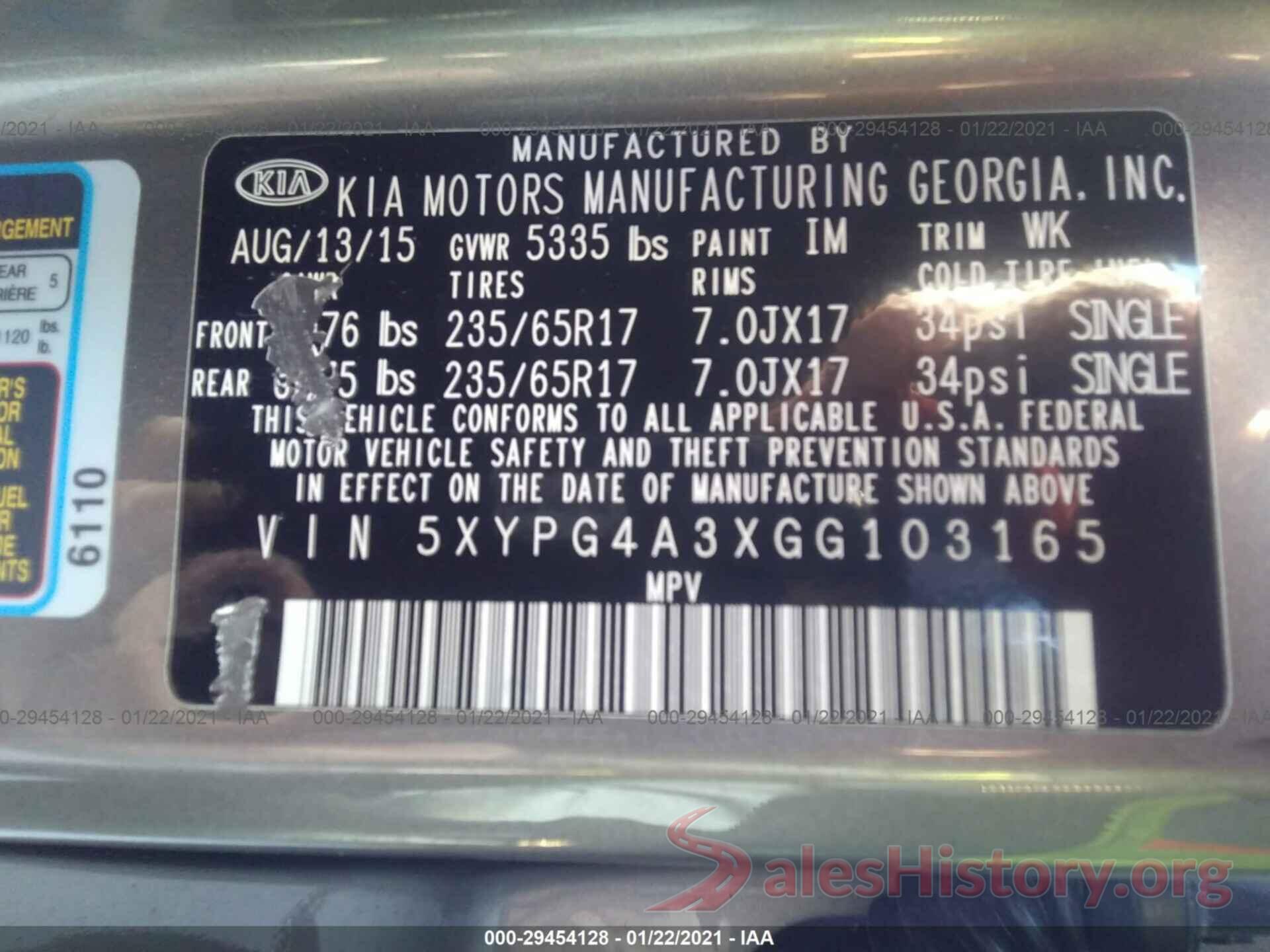 5XYPG4A3XGG103165 2016 KIA SORENTO