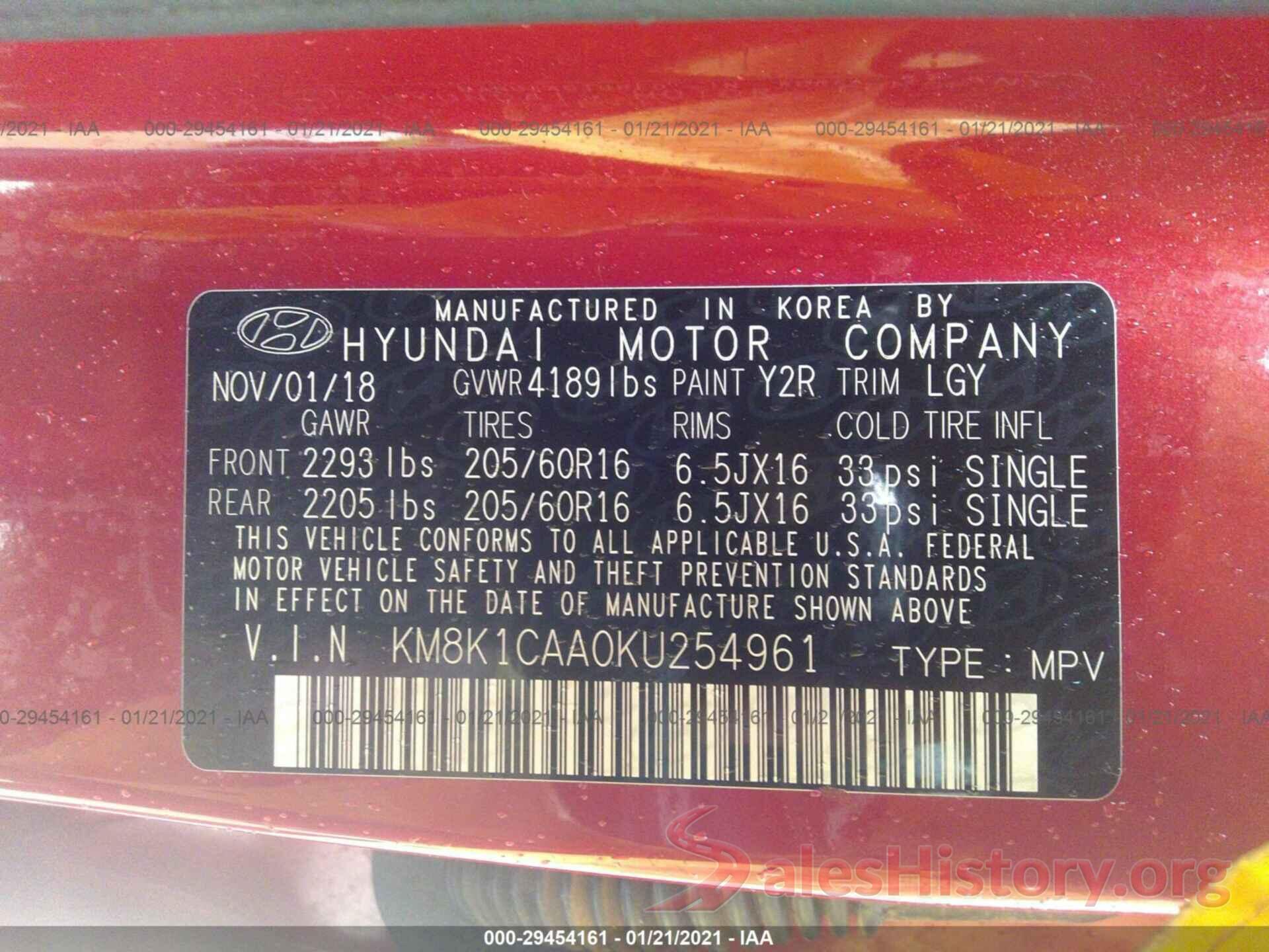 KM8K1CAA0KU254961 2019 HYUNDAI KONA