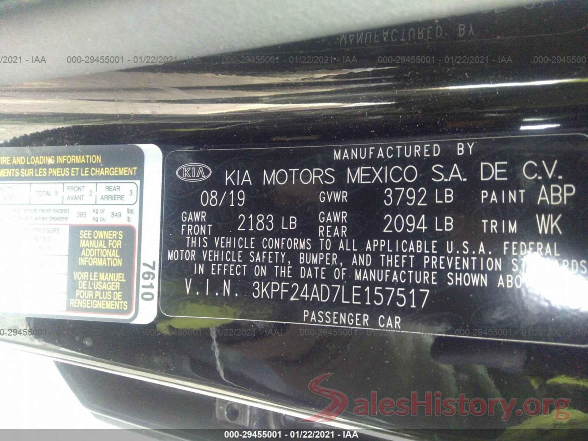 3KPF24AD7LE157517 2020 KIA FORTE