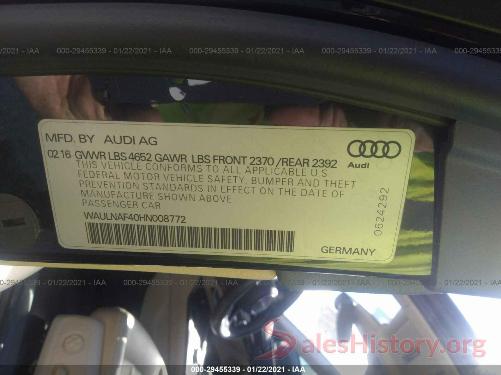 WAULNAF40HN008772 2017 AUDI A4