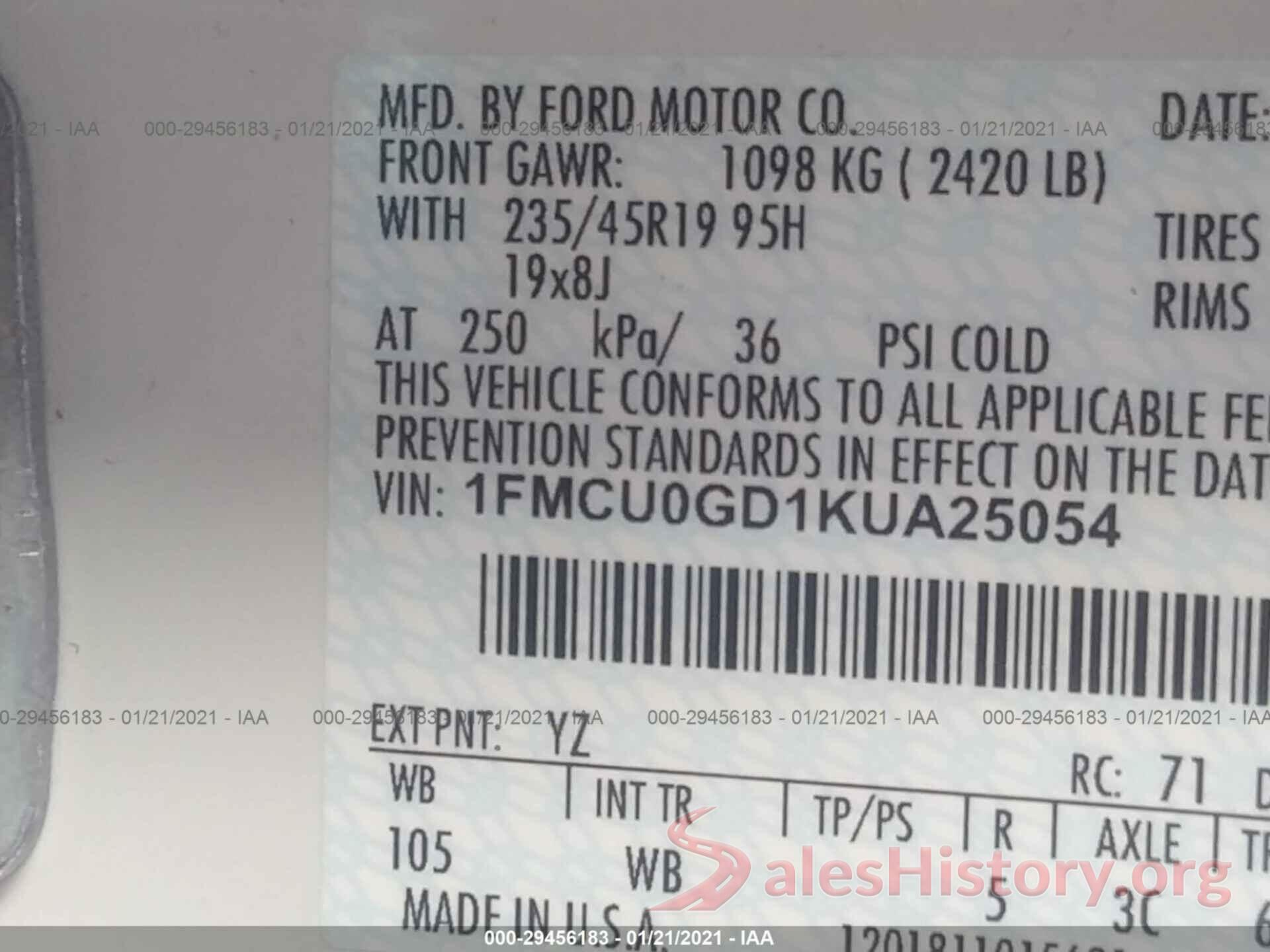 1FMCU0GD1KUA25054 2019 FORD ESCAPE