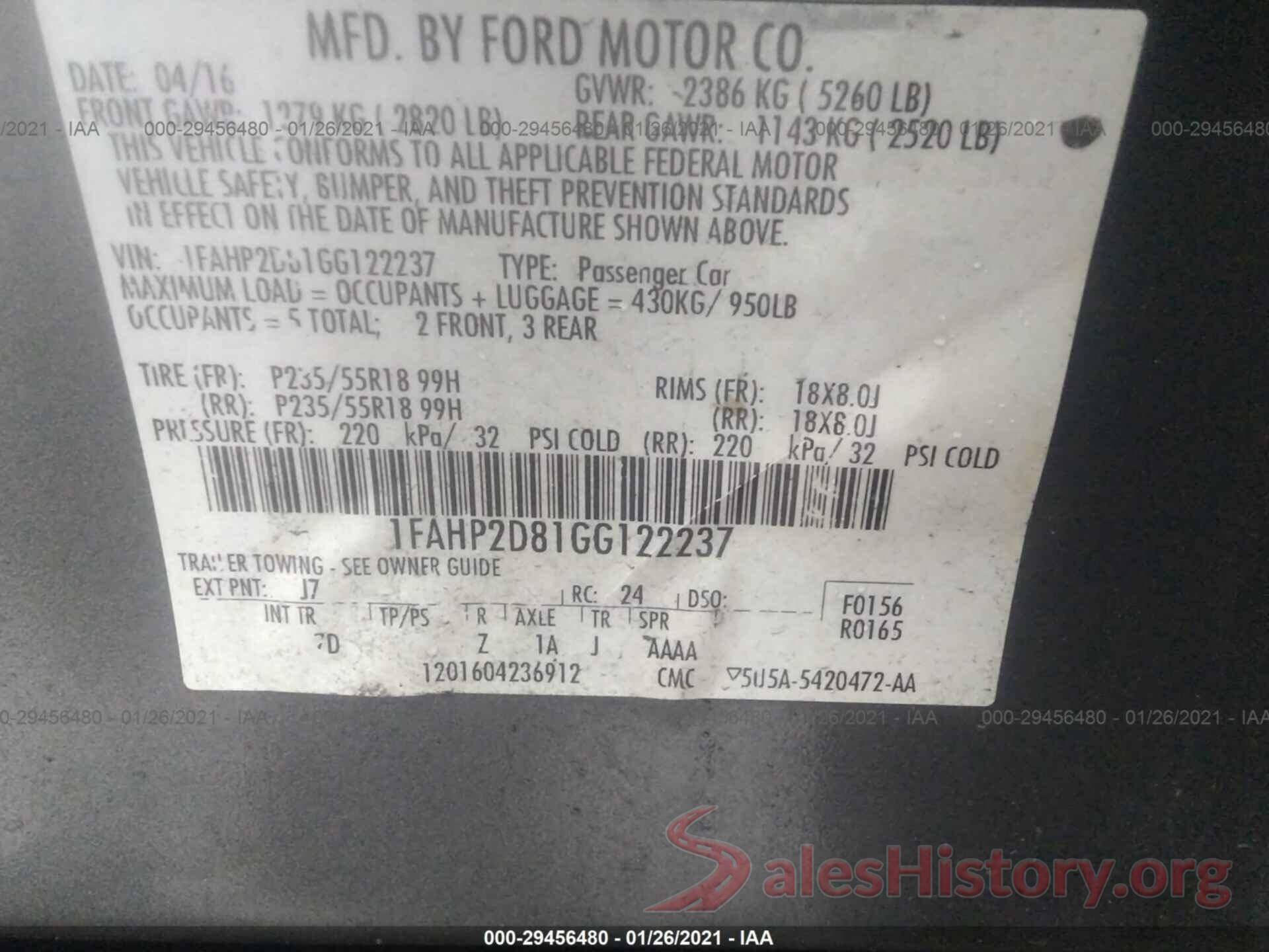 1FAHP2D81GG122237 2016 FORD TAURUS