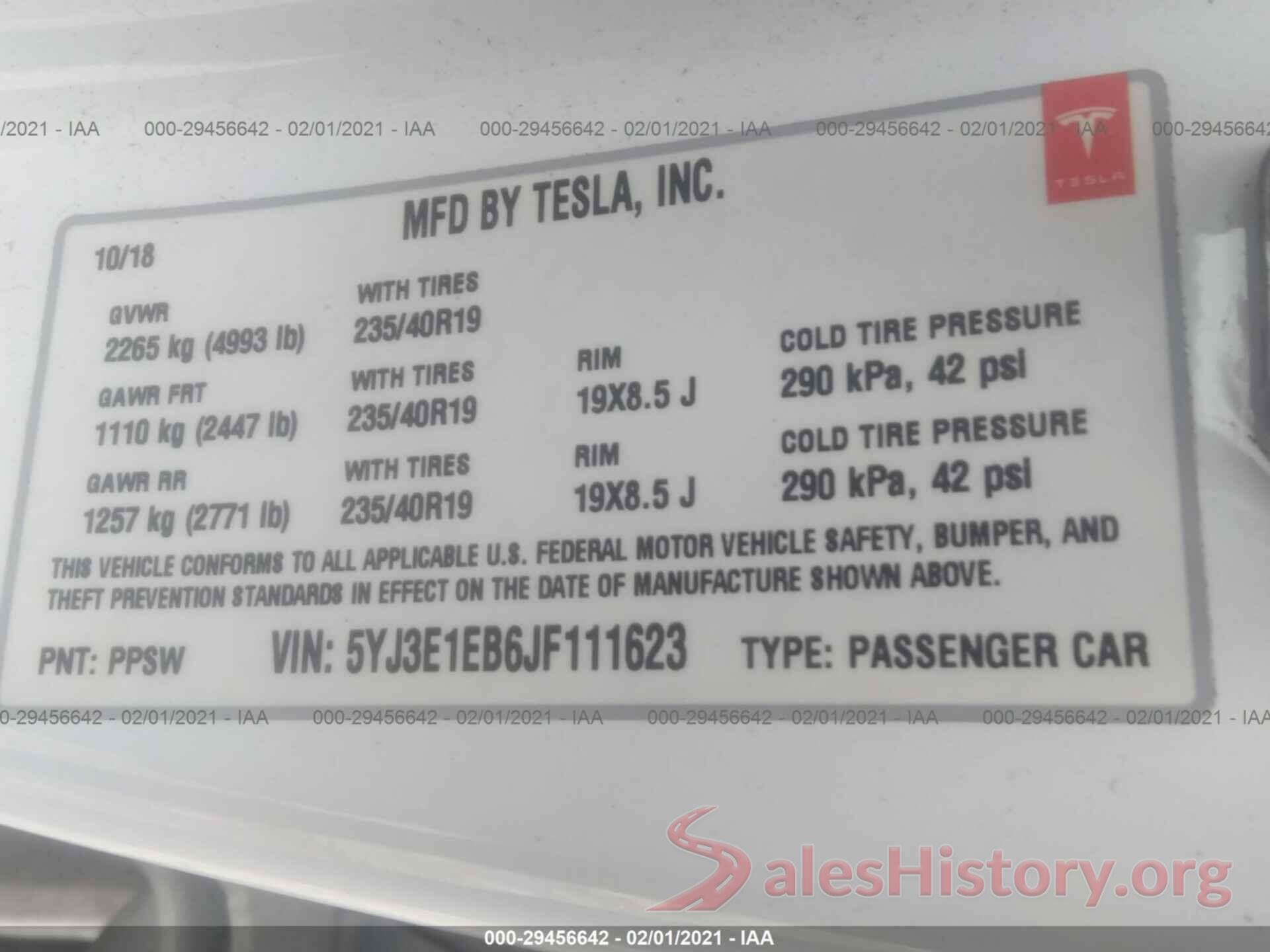 5YJ3E1EB6JF111623 2018 TESLA MODEL 3