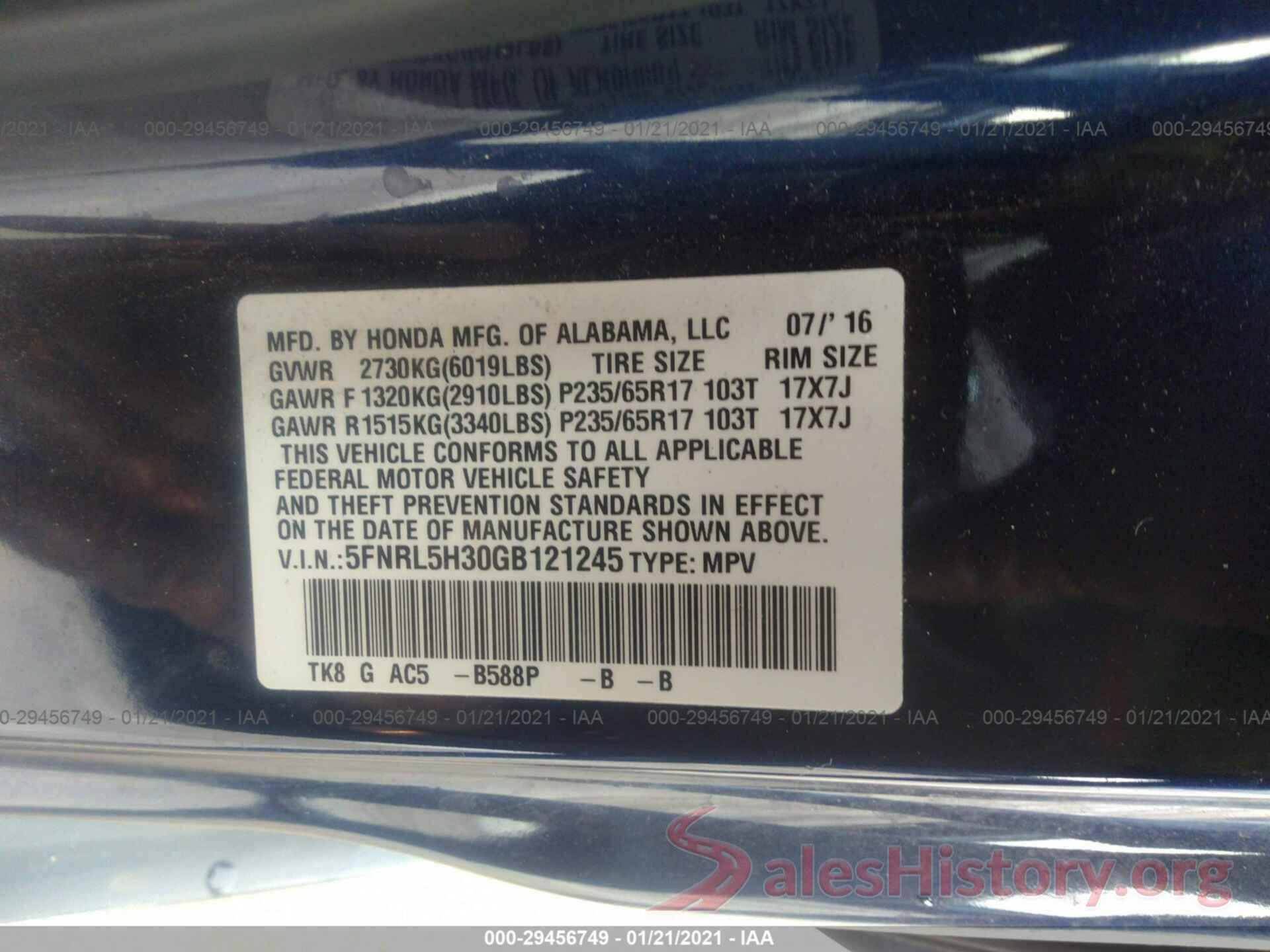 5FNRL5H30GB121245 2016 HONDA ODYSSEY